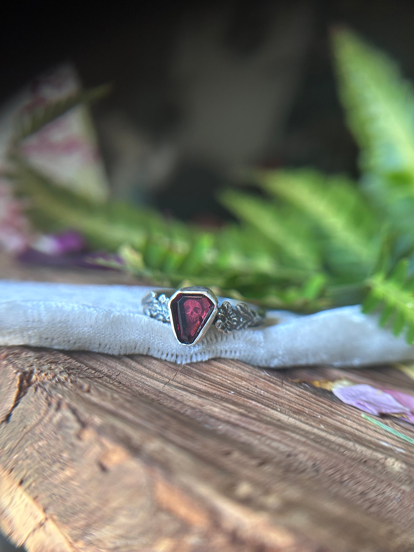 Wild roses & skull ring with portrait cut coffin garnet- Sterling silver jewelry