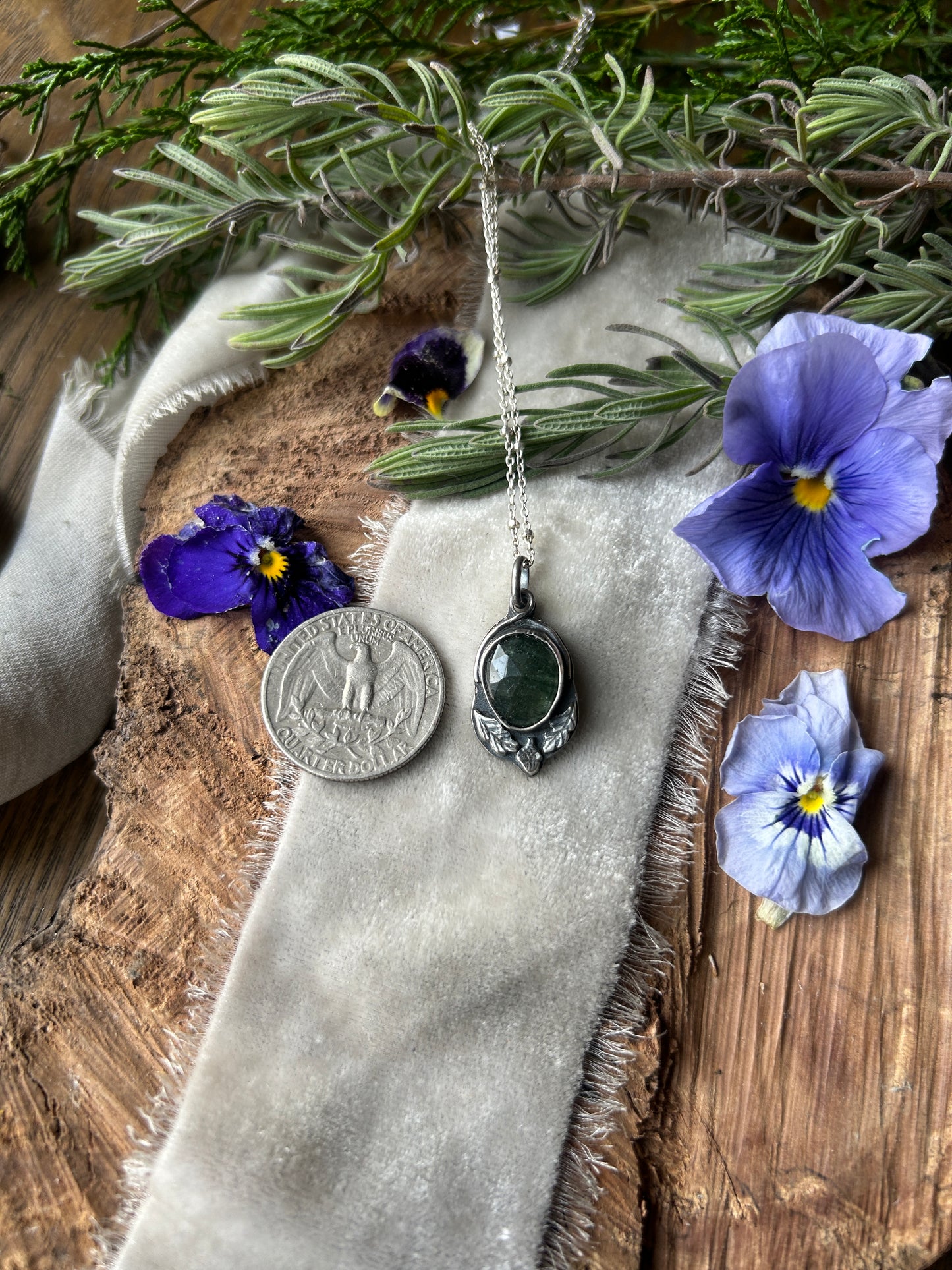 Green Rutilated Quartz Oak and Acorn Necklace with hibernating bear back- sterling silver jewelry