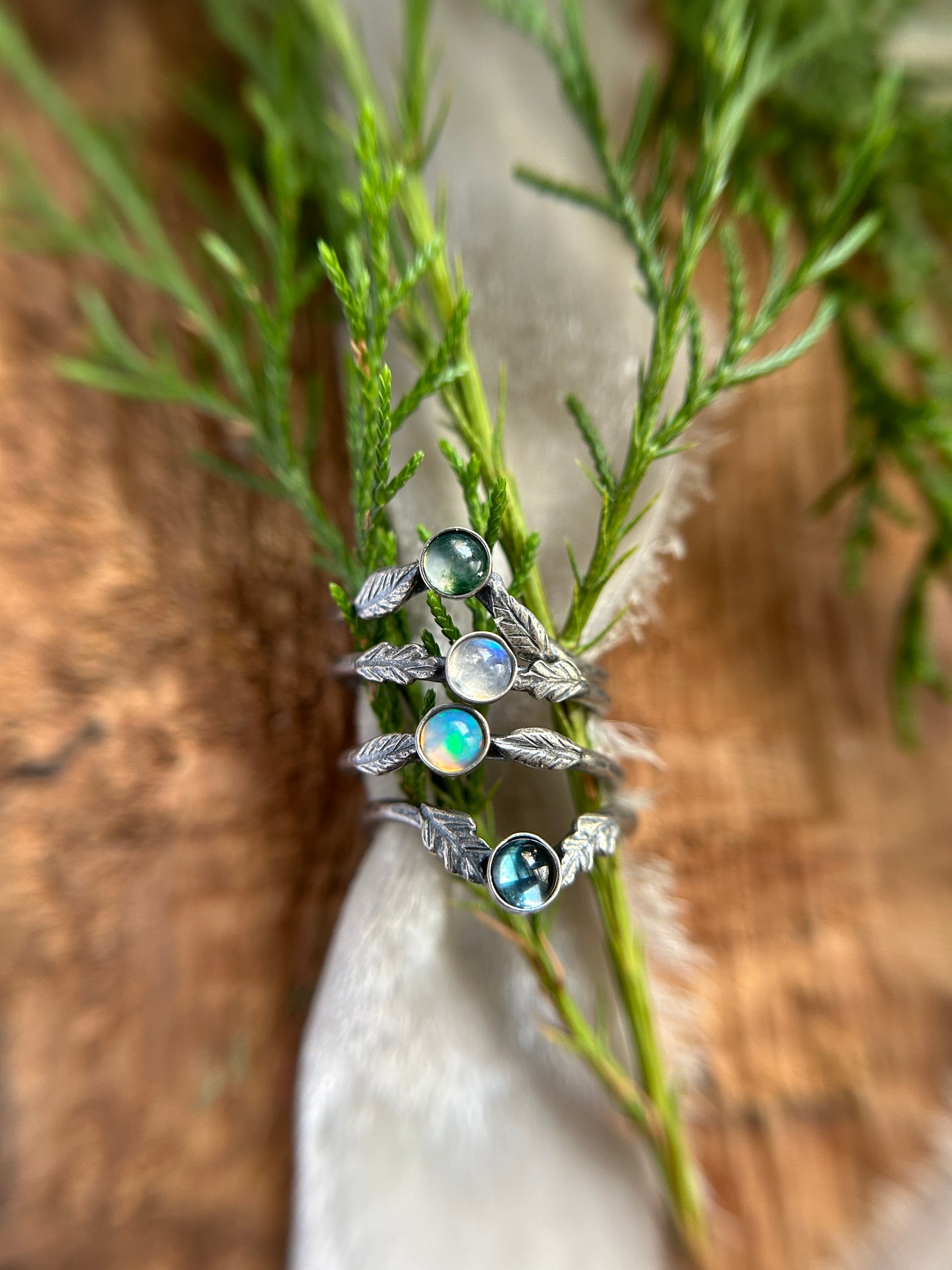 Winter woodland stacker rings- choice of gemstone, leaves, and ring size