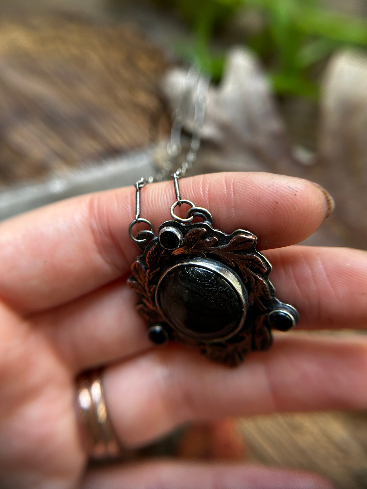 Autumnal Blackberry Vines with Purple Labradorite and Black Onyx- Sterling silver and copper jewelry