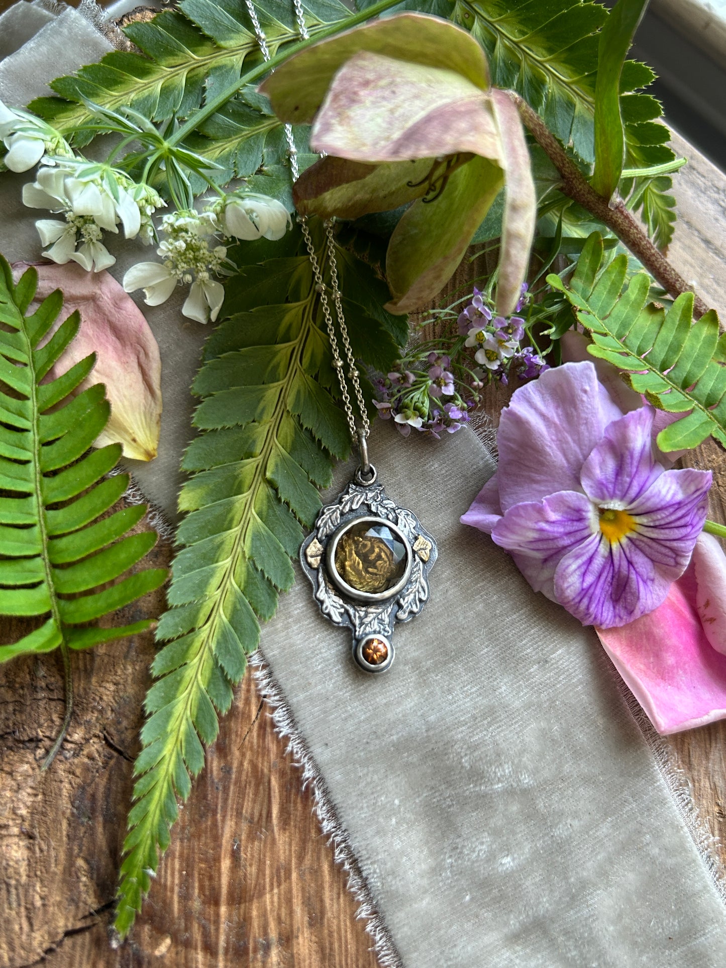 Hibernating chipmunk with portrait cut citrine & zircon necklace- Sterling silver and brass jewelry