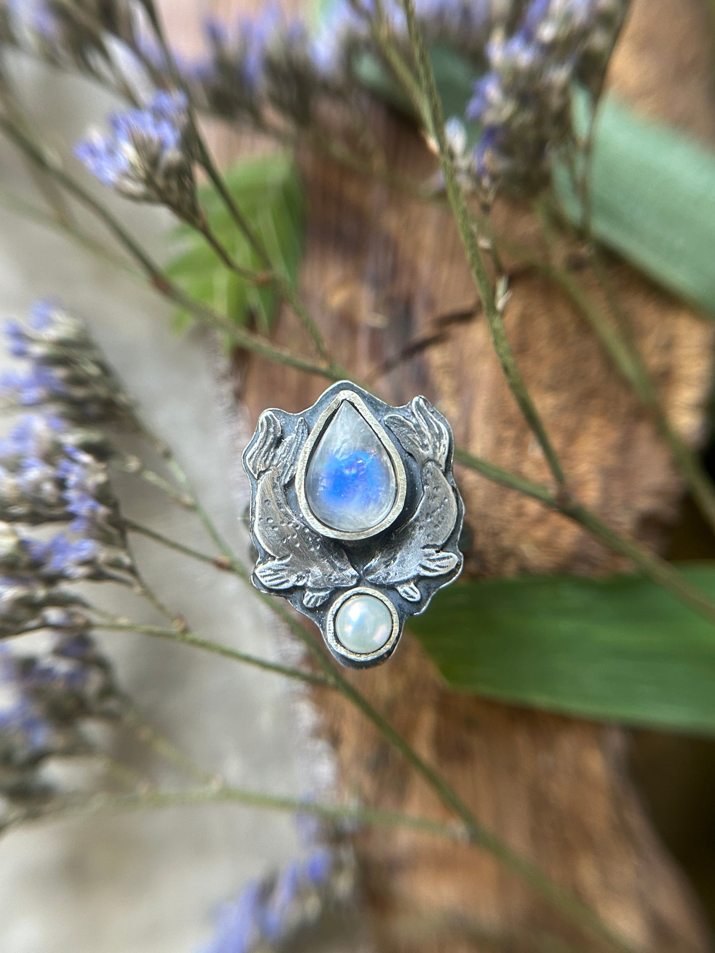 Selkie Tears Ring with Rainbow Moonstone and Pearl- sterling silver jewelry