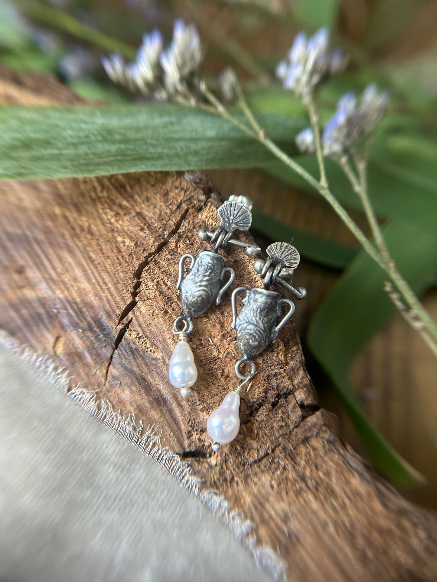 Urn of the Sea Earrings- baroque pearl drop sterling silver jewelry