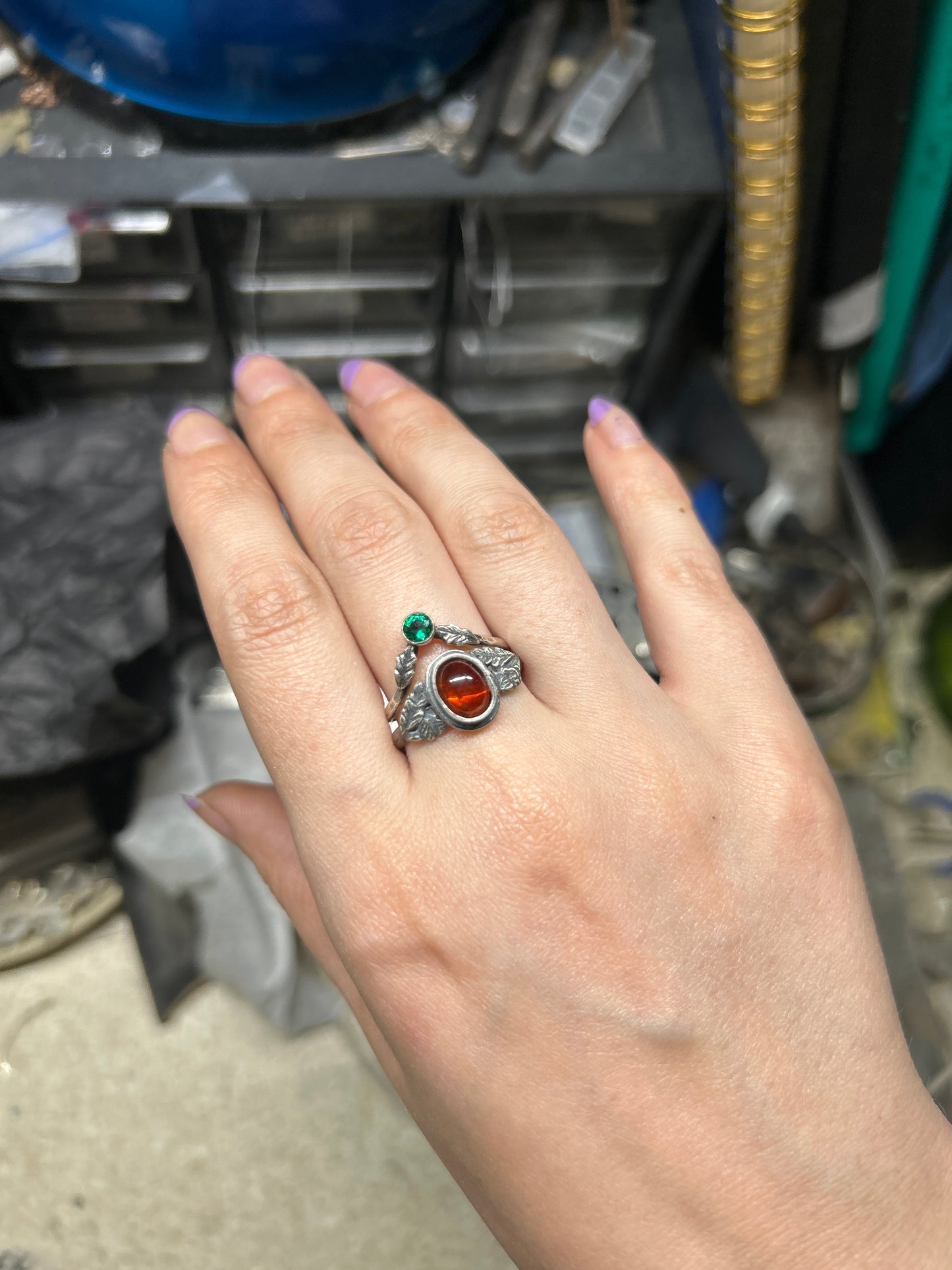 Oak and Acorn Ring in choice of zircon or hessonite garnet- sterling silver jewelry