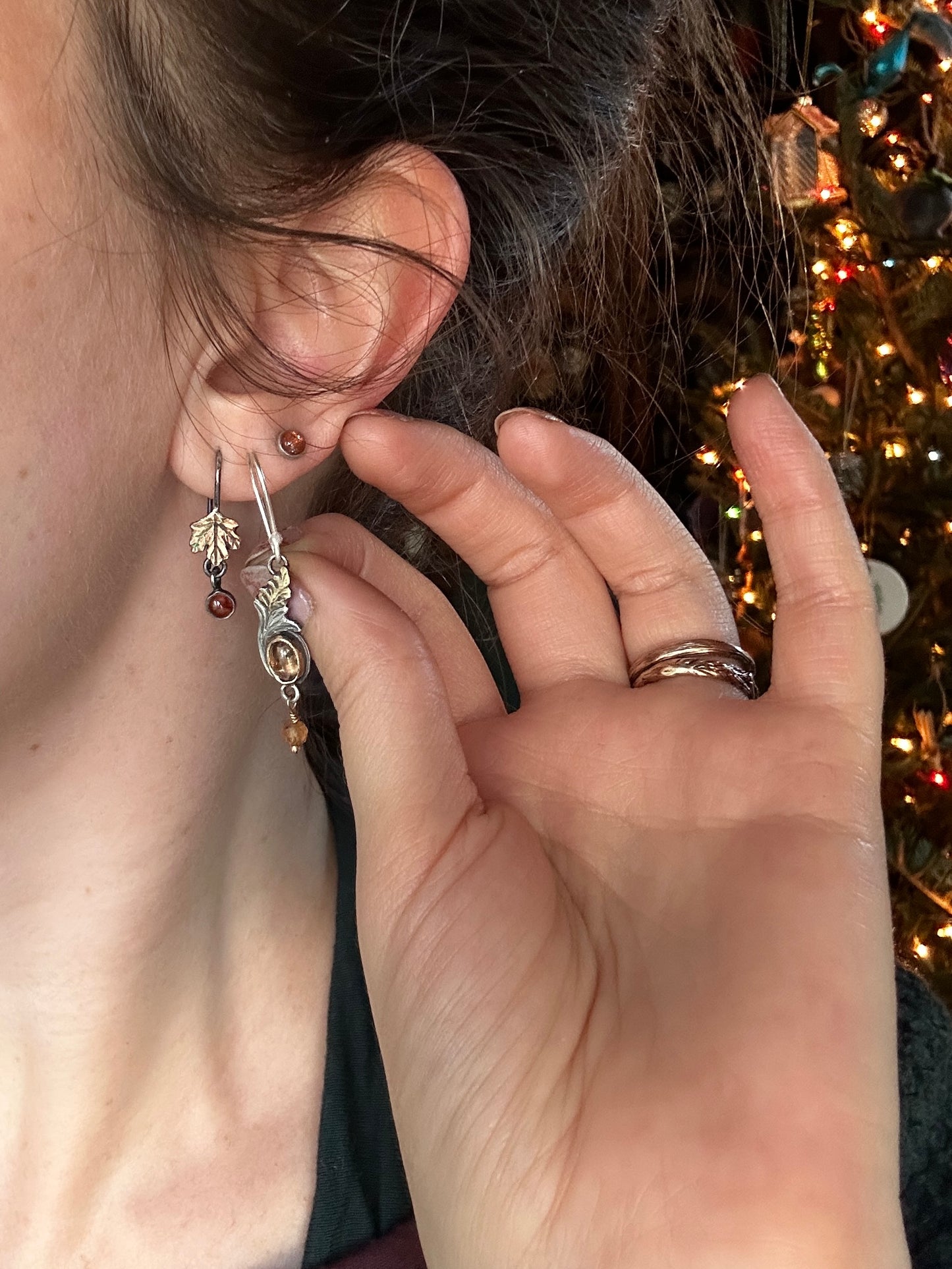 Goldenrod Earrings with Imperial Topaz and Hessonite Garnet- Brass and sterling silver jewelry