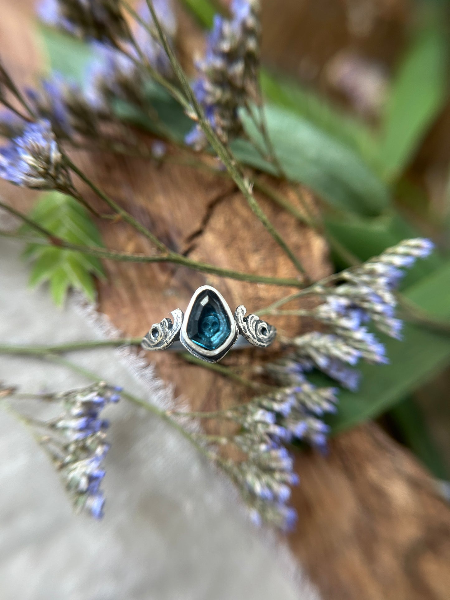 London Blue Topaz Memento Mori Skull and Waves Ring- sterling silver jewelry- MADE TO ORDER