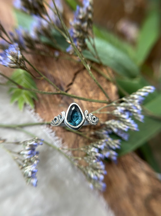 London Blue Topaz Memento Mori Skull and Waves Ring- sterling silver jewelry- MADE TO ORDER