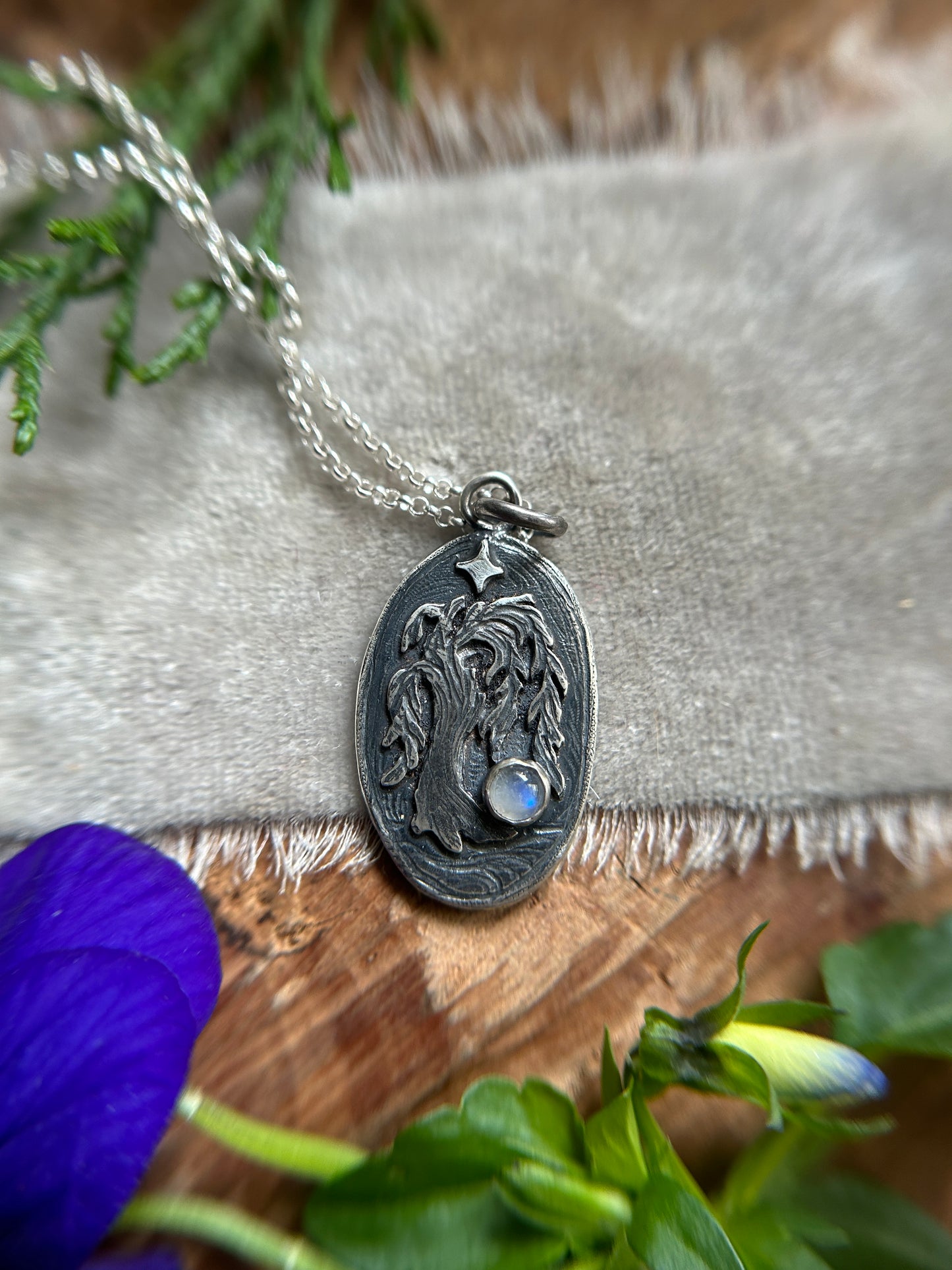 Moonlit Willow Pendant with rainbow moonstone and luna moth back detail