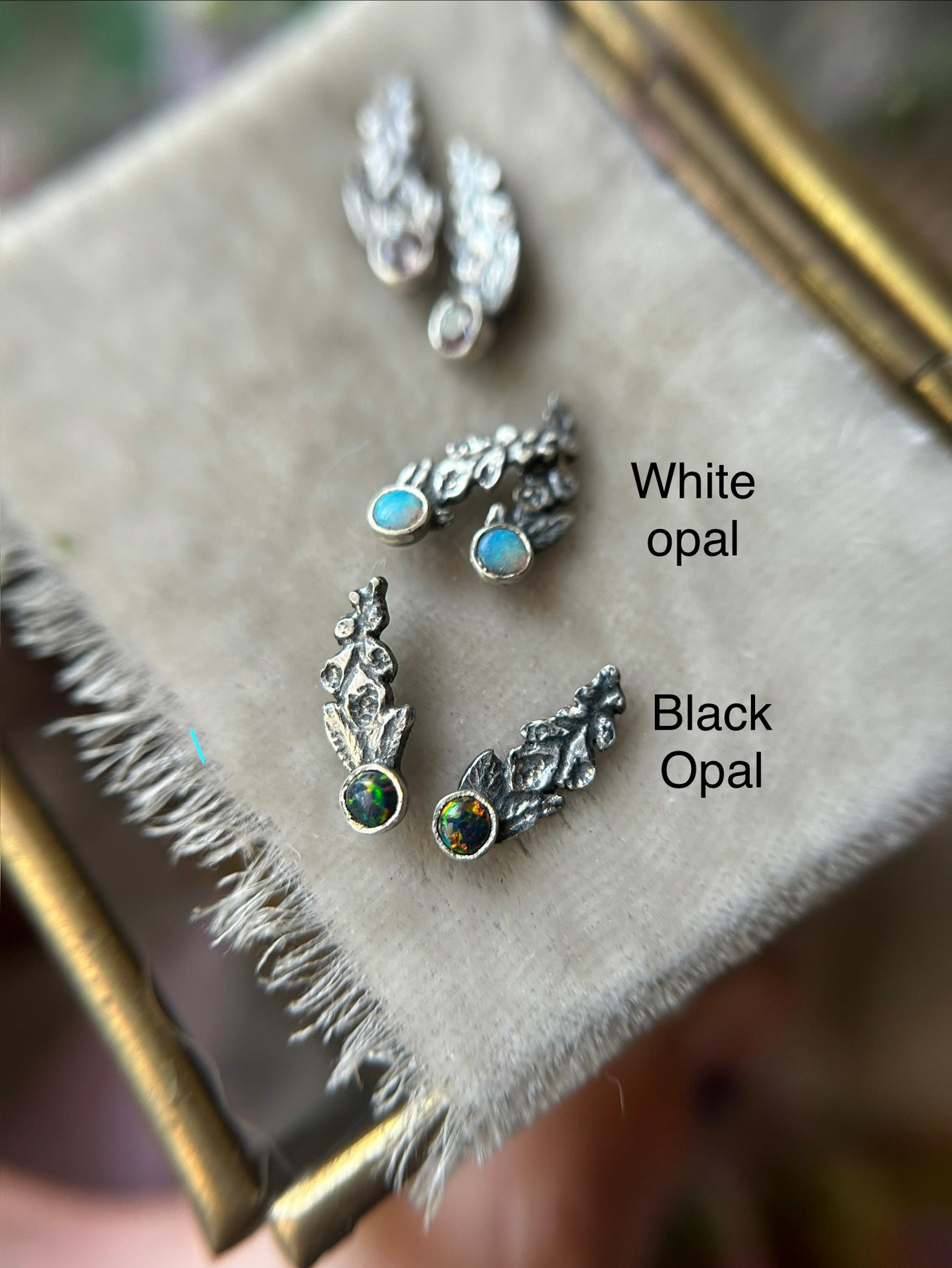 Reserved- Moon bunny black opal earrings and peridot poppy flower ring