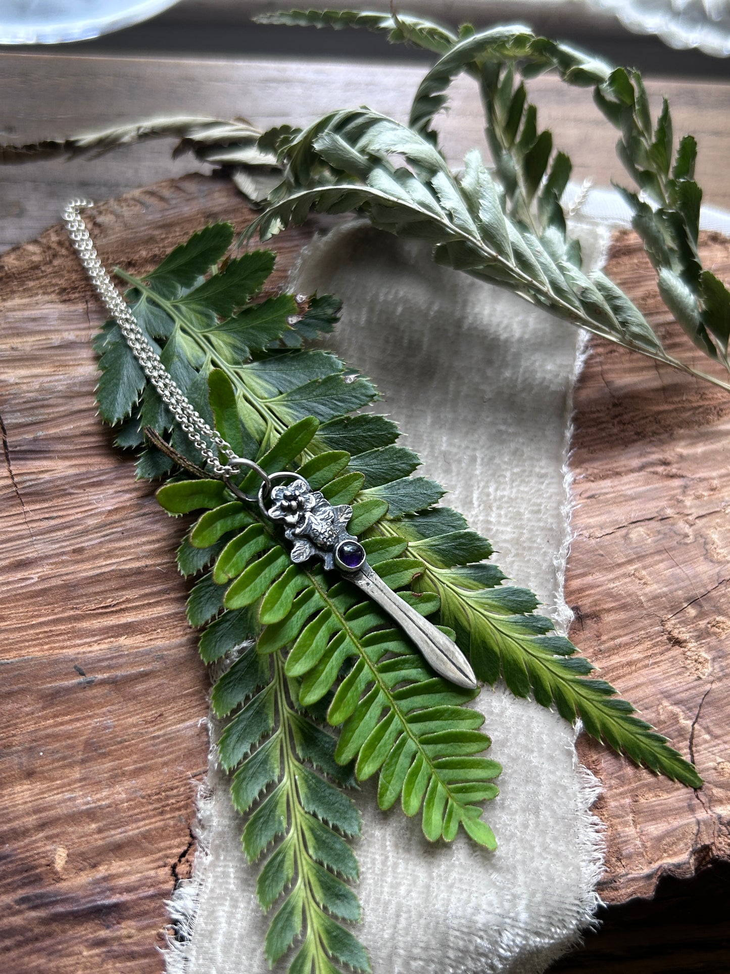 Blackberry bramble sword necklace with amethyst- Sterling silver jewelry