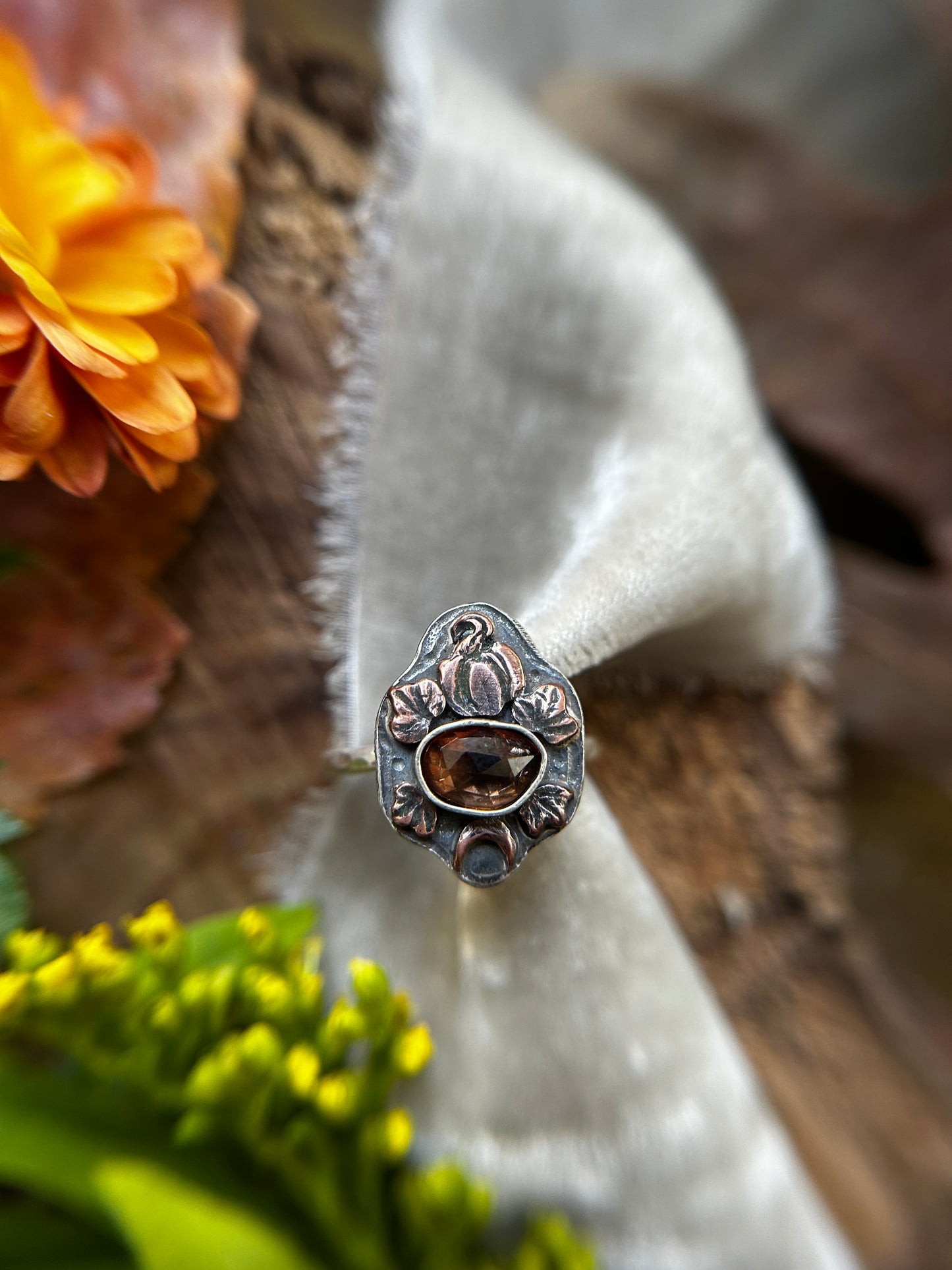 Pumpkin Moon with Zircon Ring- sterling silver and copper jewelry