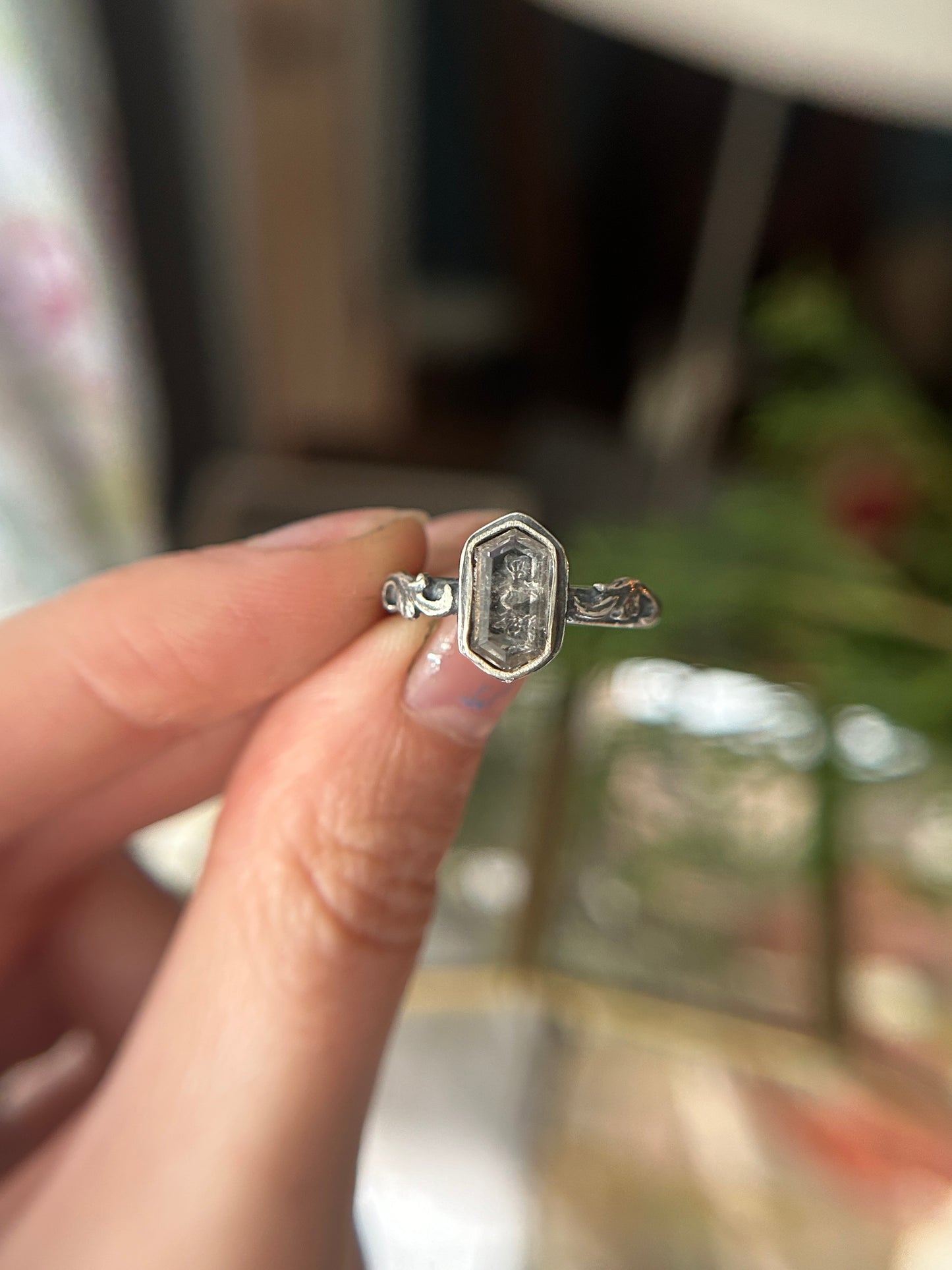 Pansy flower under quartz hexagon- sterling silver ring with swirl sprigs