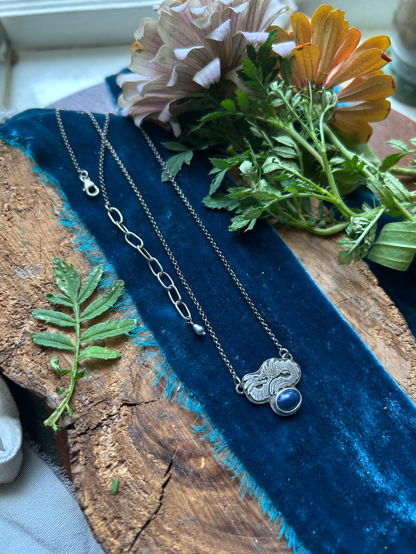 Sea Serpent and Black Opal Necklace- sterling silver jewelry
