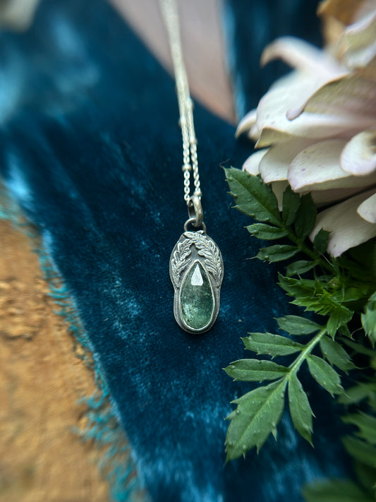 Fern Hollow with Green Kyanite and hidden fox Necklace- sterling silver jewelry