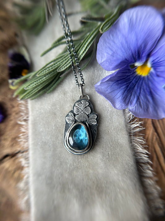 Pansy Skull with London Blue Topaz- memento mori sterling silver necklace