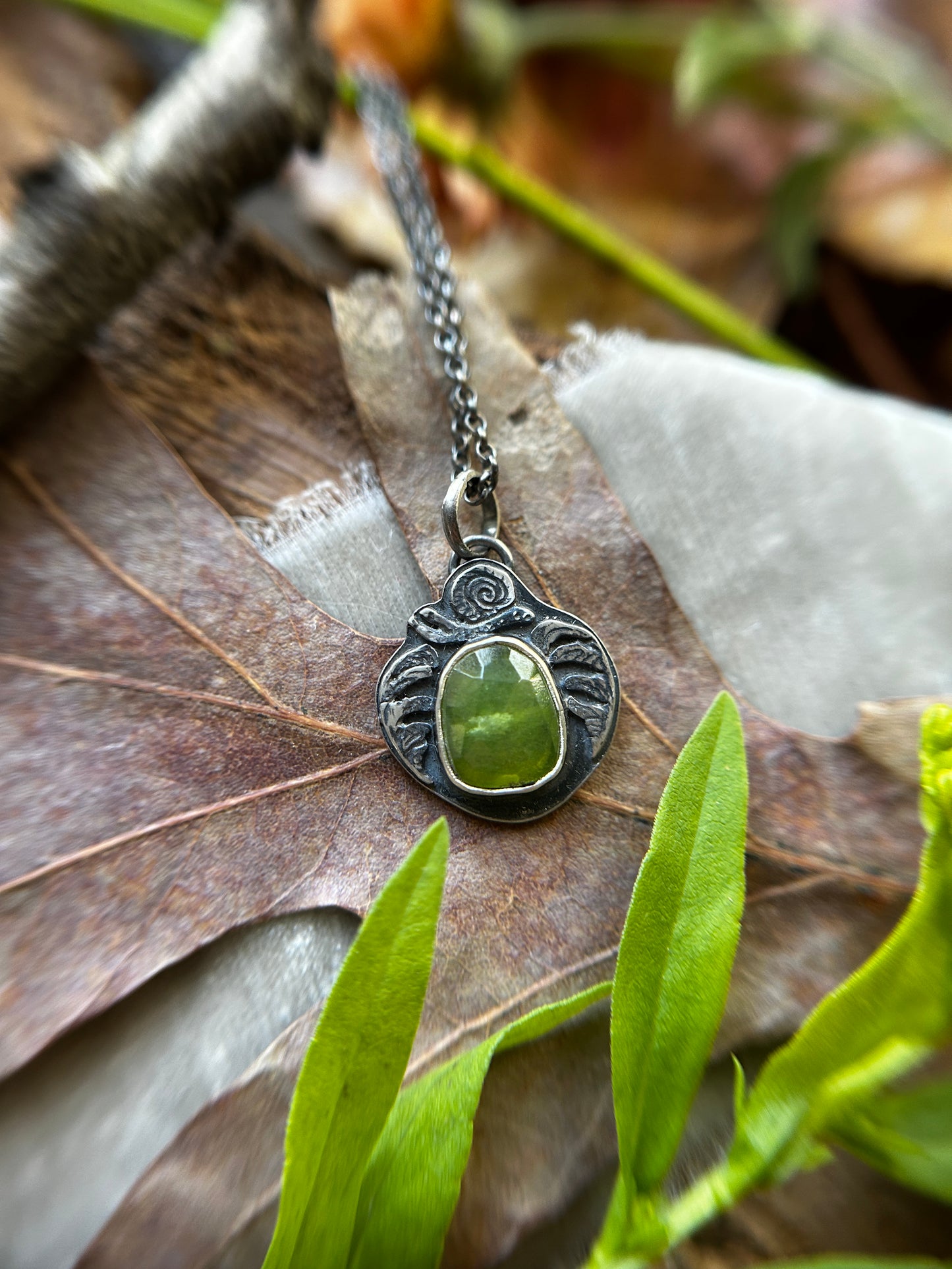 Fern Snail with Vesuvianite Necklace- sterling silver jewlery