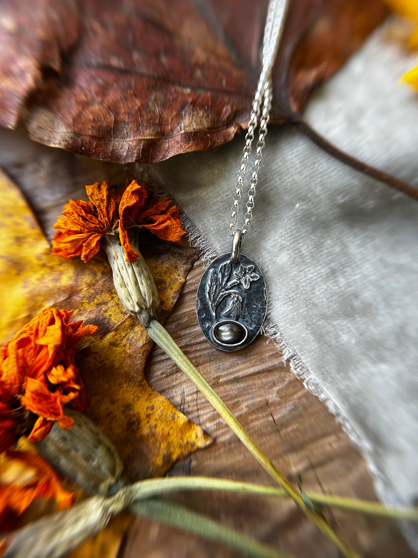 Deadly belladonna flower with black star sapphire necklace- Sterling silver jewelry ready to ship