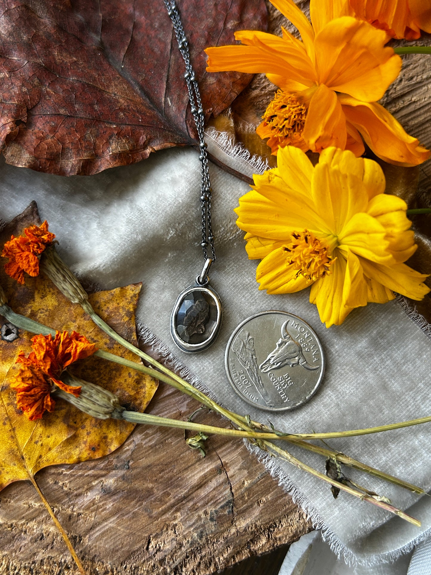 Smoky quartz barn owl necklace- Sterling silver jewelry