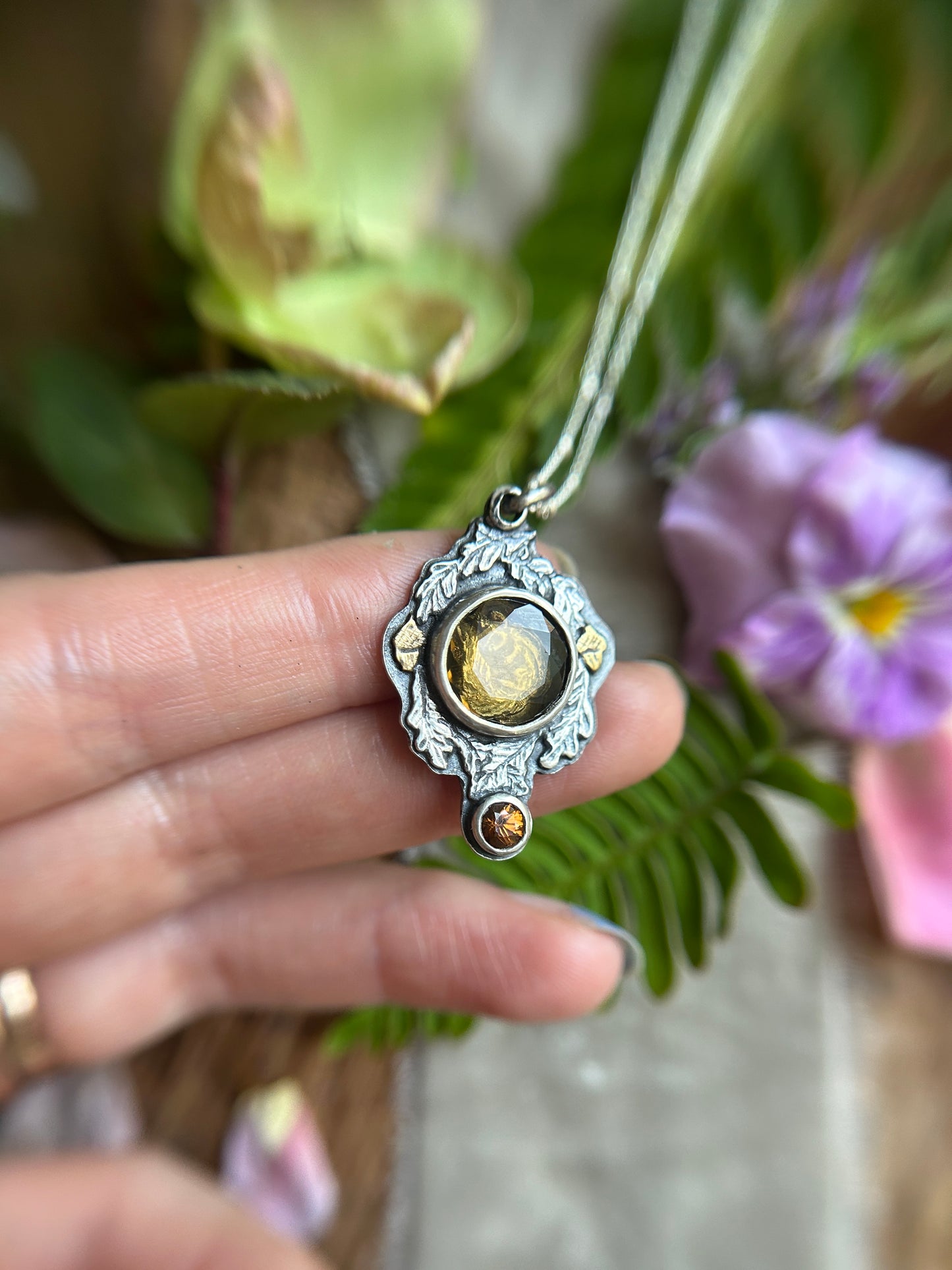 Hibernating chipmunk with portrait cut citrine & zircon necklace- Sterling silver and brass jewelry