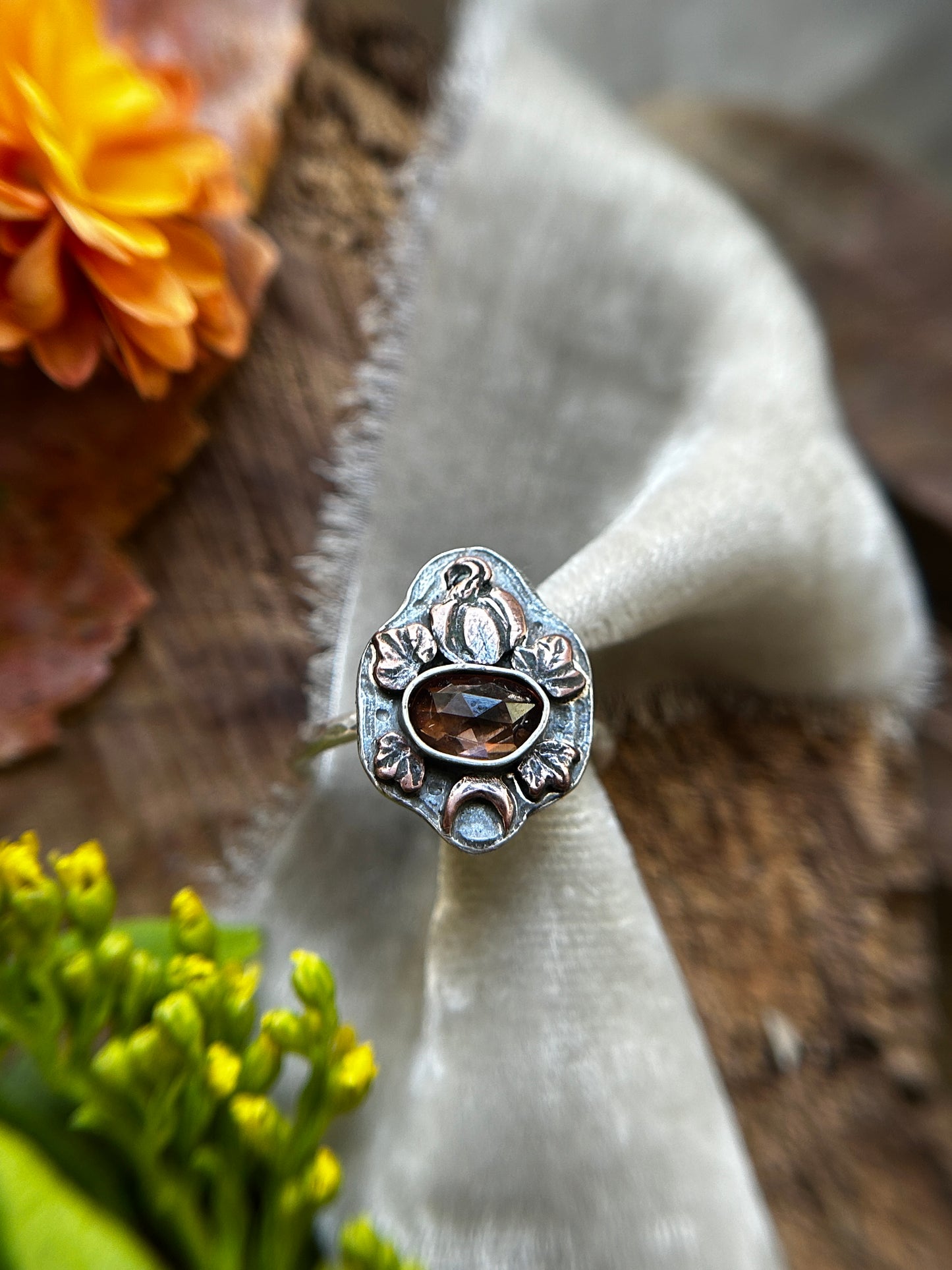 Pumpkin Moon with Zircon Ring- sterling silver and copper jewelry