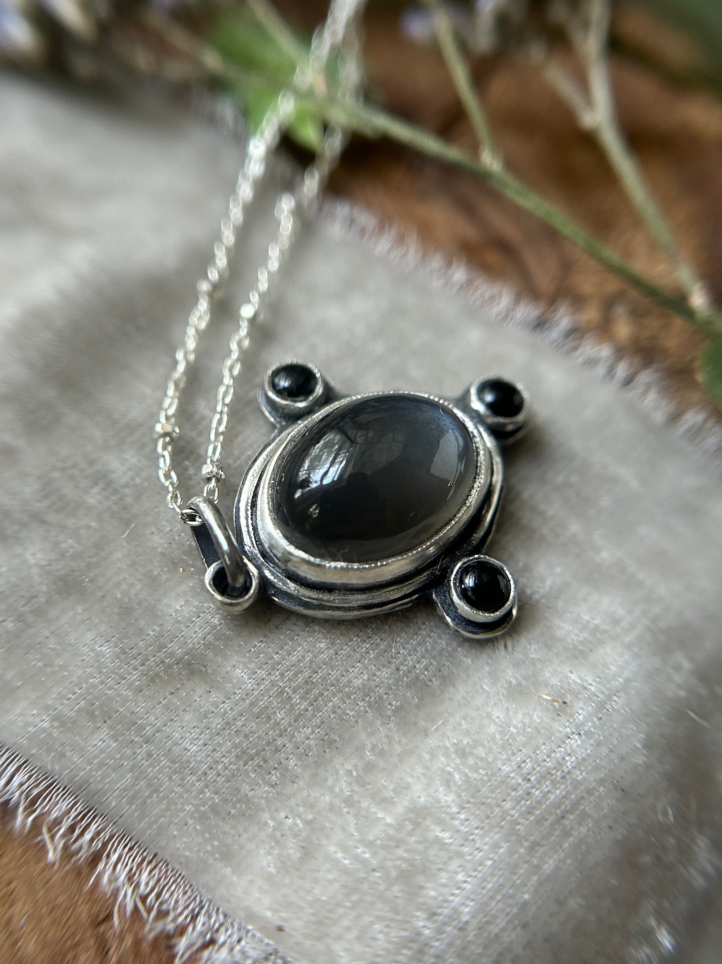 Weeping Willow Grey Moonstone and black onyx necklace- sterling silver jewelry