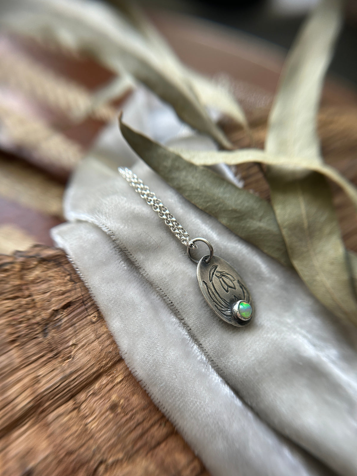 Snowdrop with Opal Necklace- sterling silver jewelry