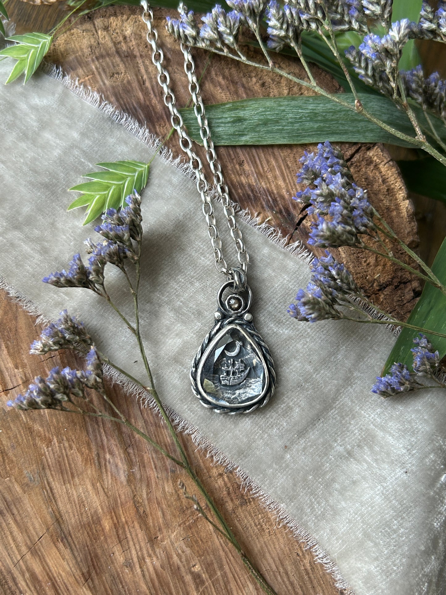 Moonlit Voyage Sailing Ship under Portrait Cut Quartz with a black star sapphire- sterling silver jewelry mourning