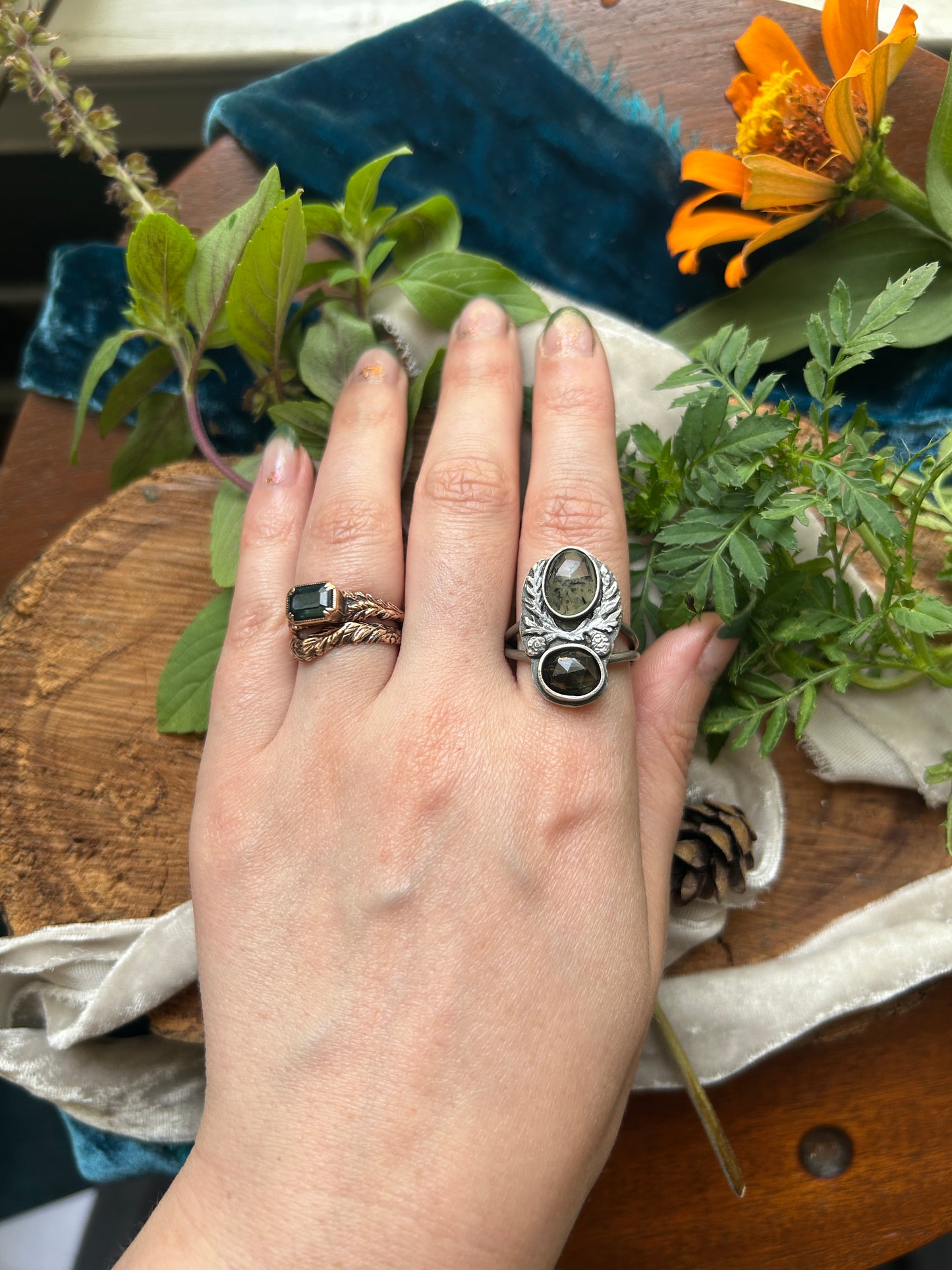Eastern Hemlock Branches with Prehnite and Peridot ludwigite Ring- sterling silver jewelry