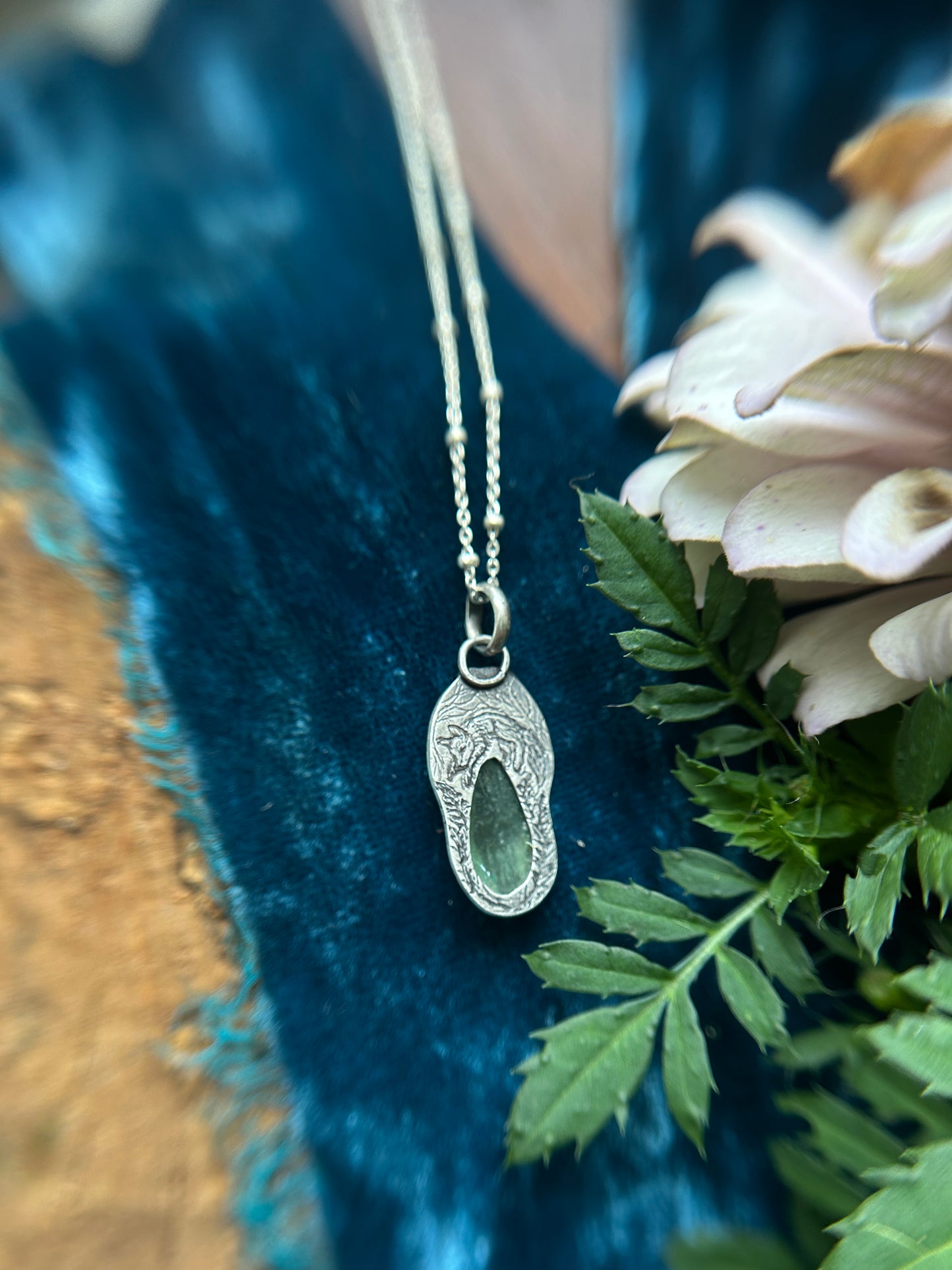 Fern Hollow with Green Kyanite and hidden fox Necklace- sterling silver jewelry