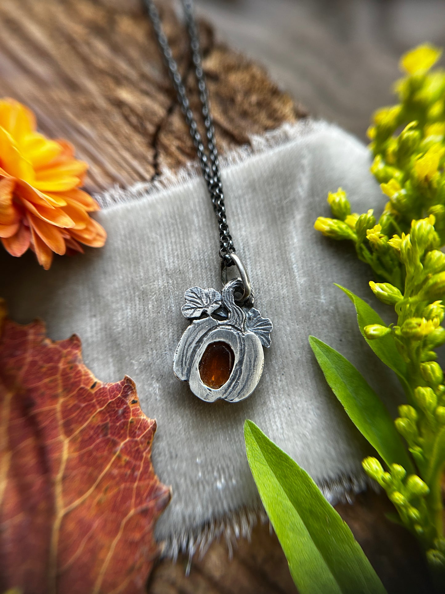 Hessonite Garnet Pumpkin necklace- sterling silver jewelry