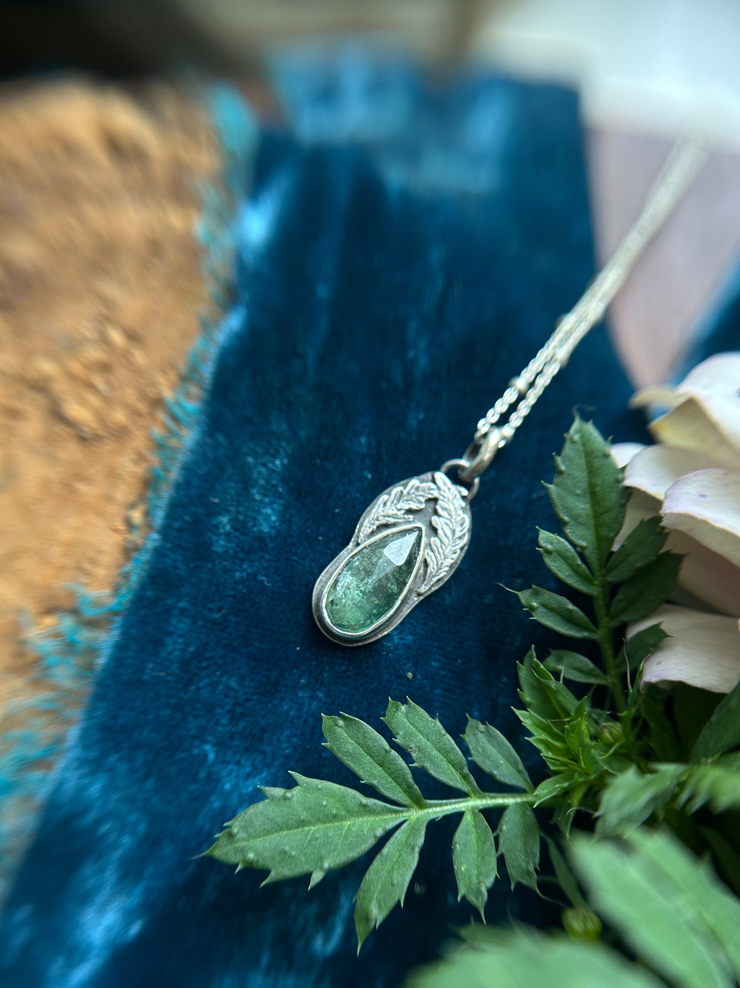 Fern Hollow with Green Kyanite and hidden fox Necklace- sterling silver jewelry