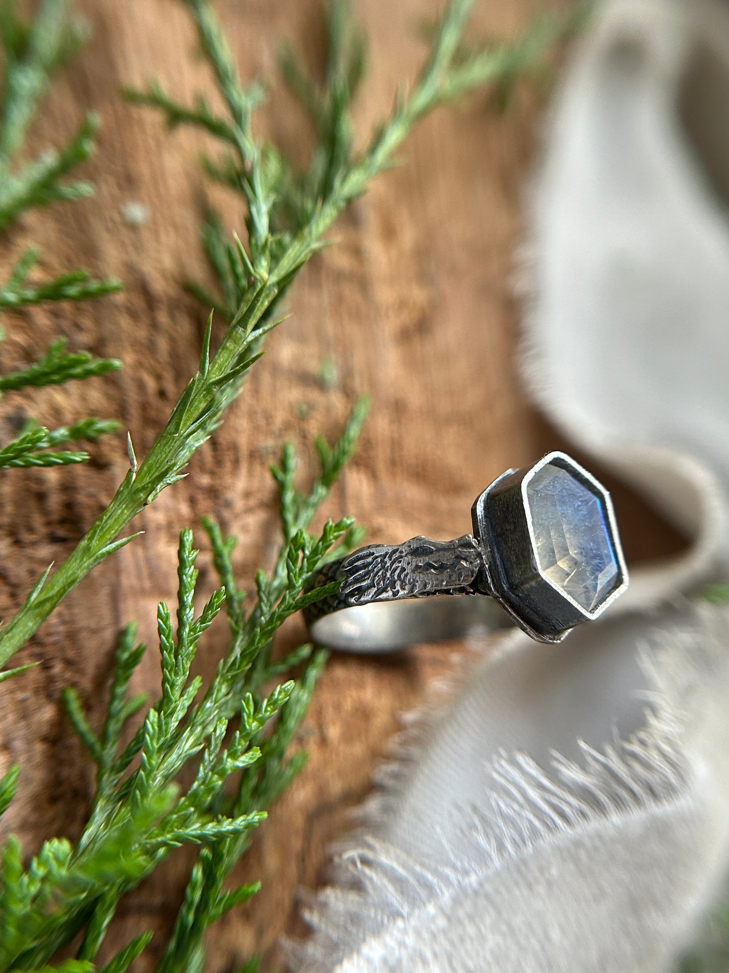 dragon ring in moonstone, star sapphire, or kyanite- finished to ring size-sterling silver dragon scale ring