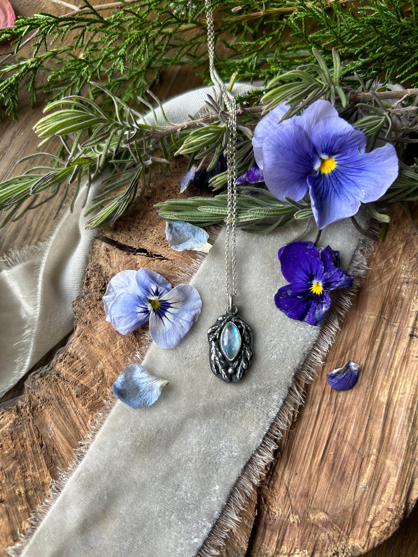 Rainbow Moonstone with Cedar Branches Necklace- sterling silver