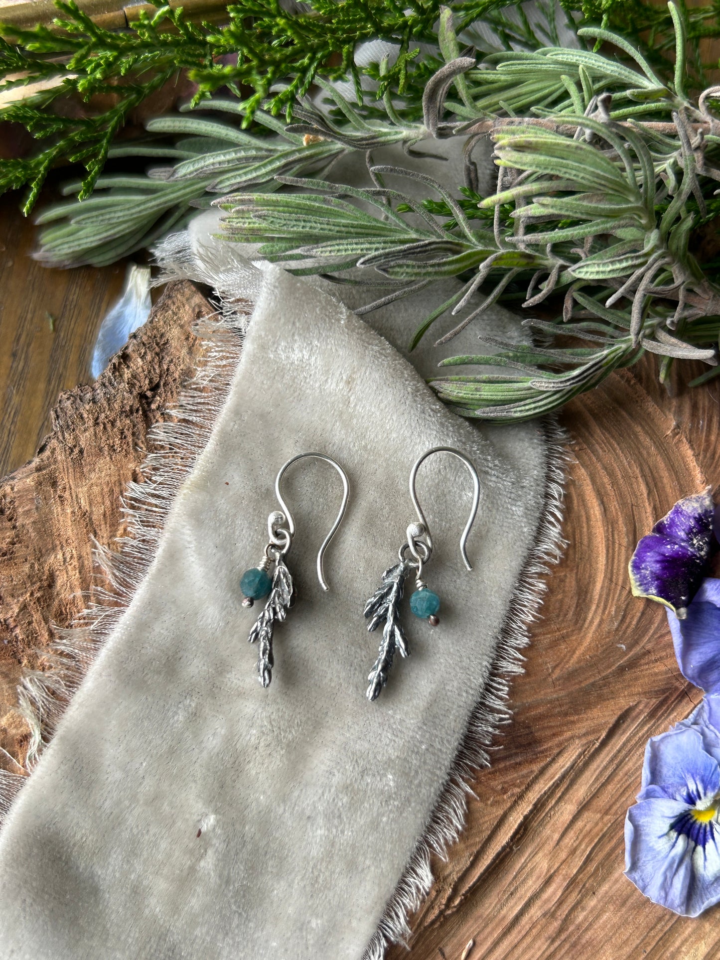 Juniper Sprig Earrings with Gem Charm- sterling silver jewelry