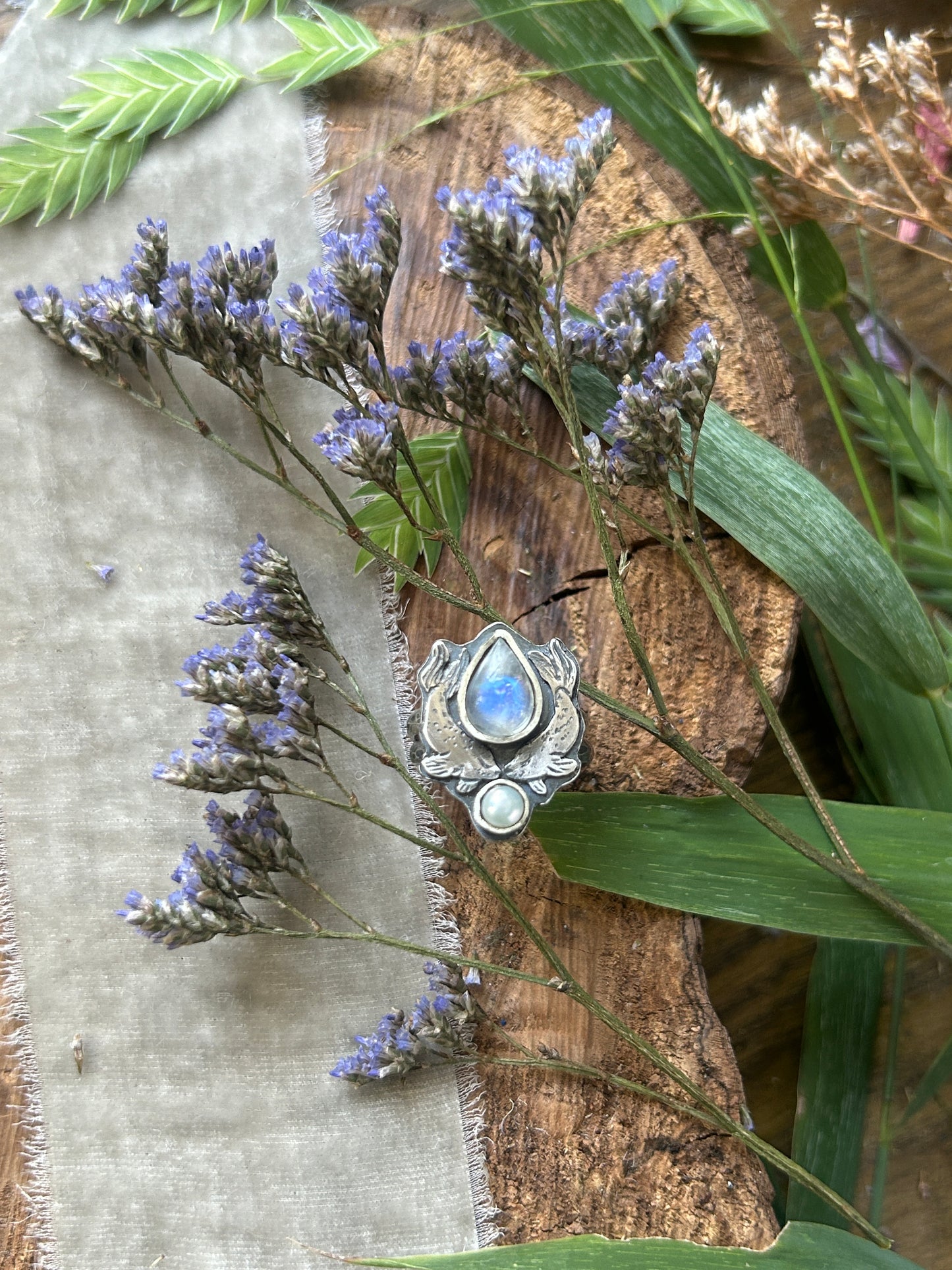 Selkie Tears Ring with Rainbow Moonstone and Pearl- sterling silver jewelry