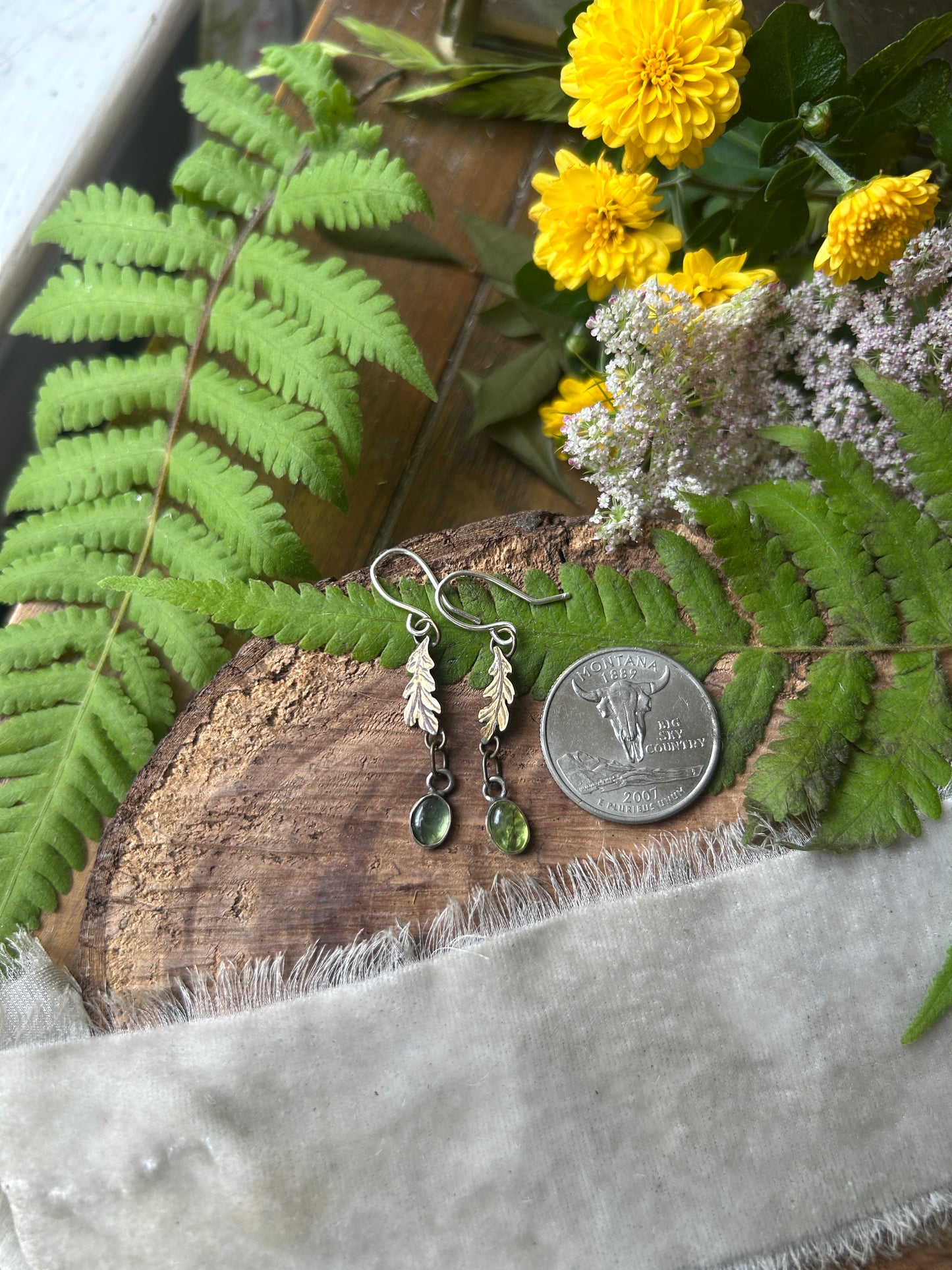 Oak leaves and Peridot earrings- sterling silver and brass jewelry