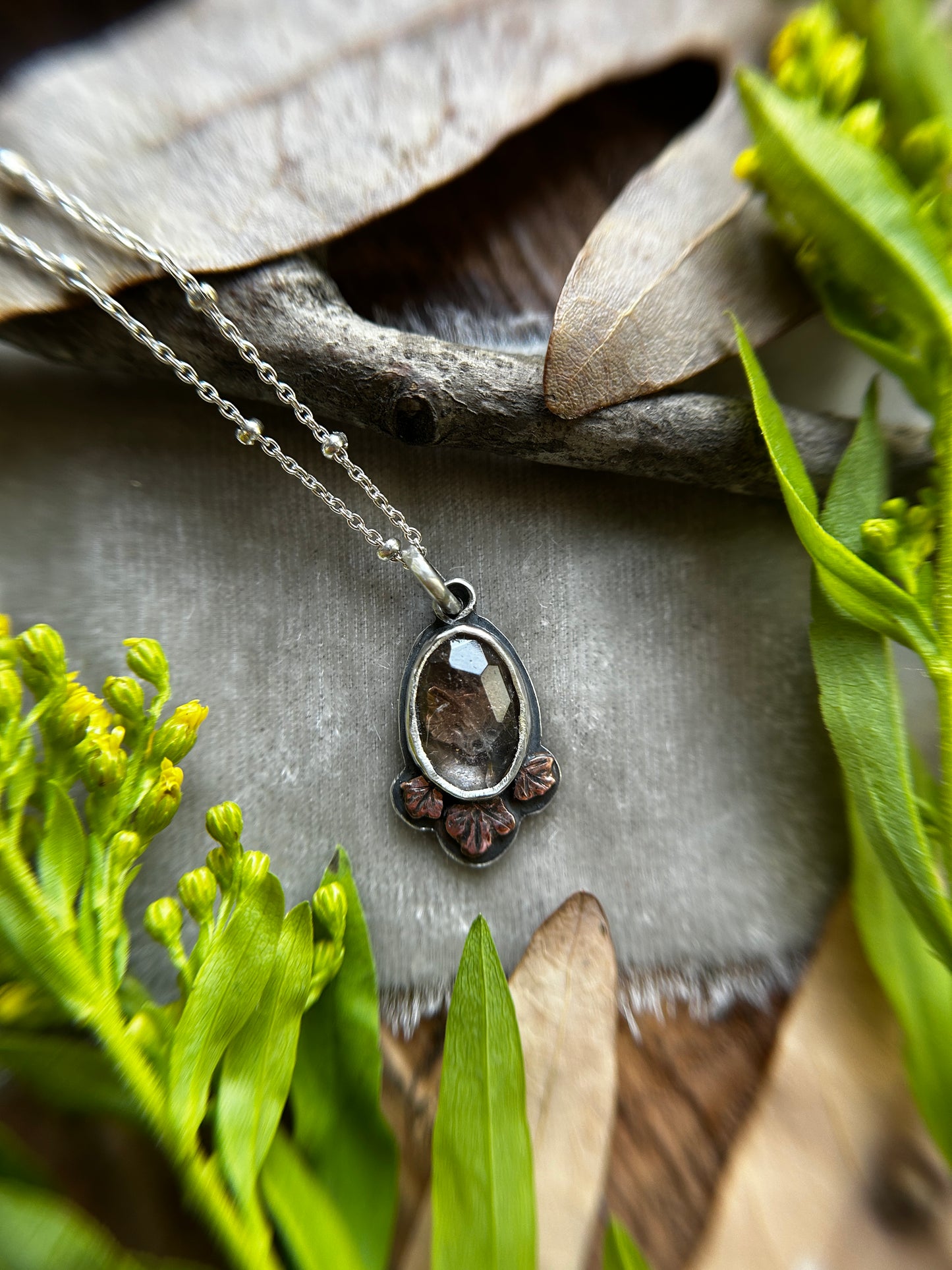 Forest Fox Necklace in Imperial Topaz or Smoky Quartz- sterling silver copper jewelry