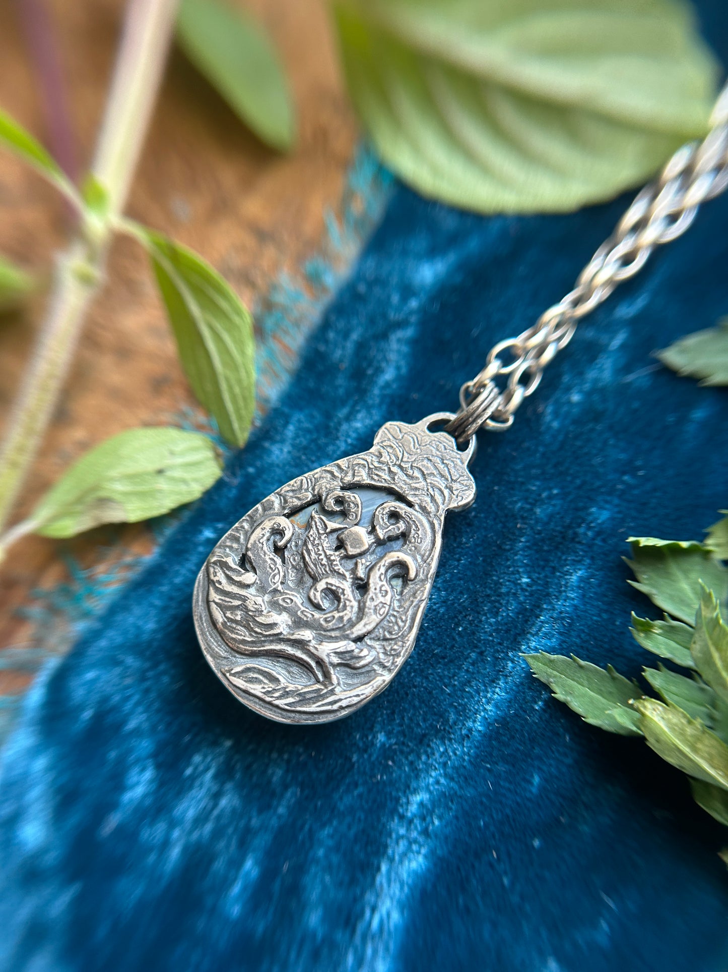 Pietersite with Grey Moonstone and Kraken with Ship detailing- sterling silver jewelry