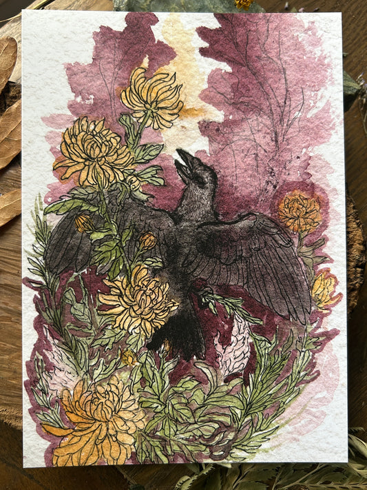 Art print- Crow and Autumn Garden- watercolor print 5x7 inches