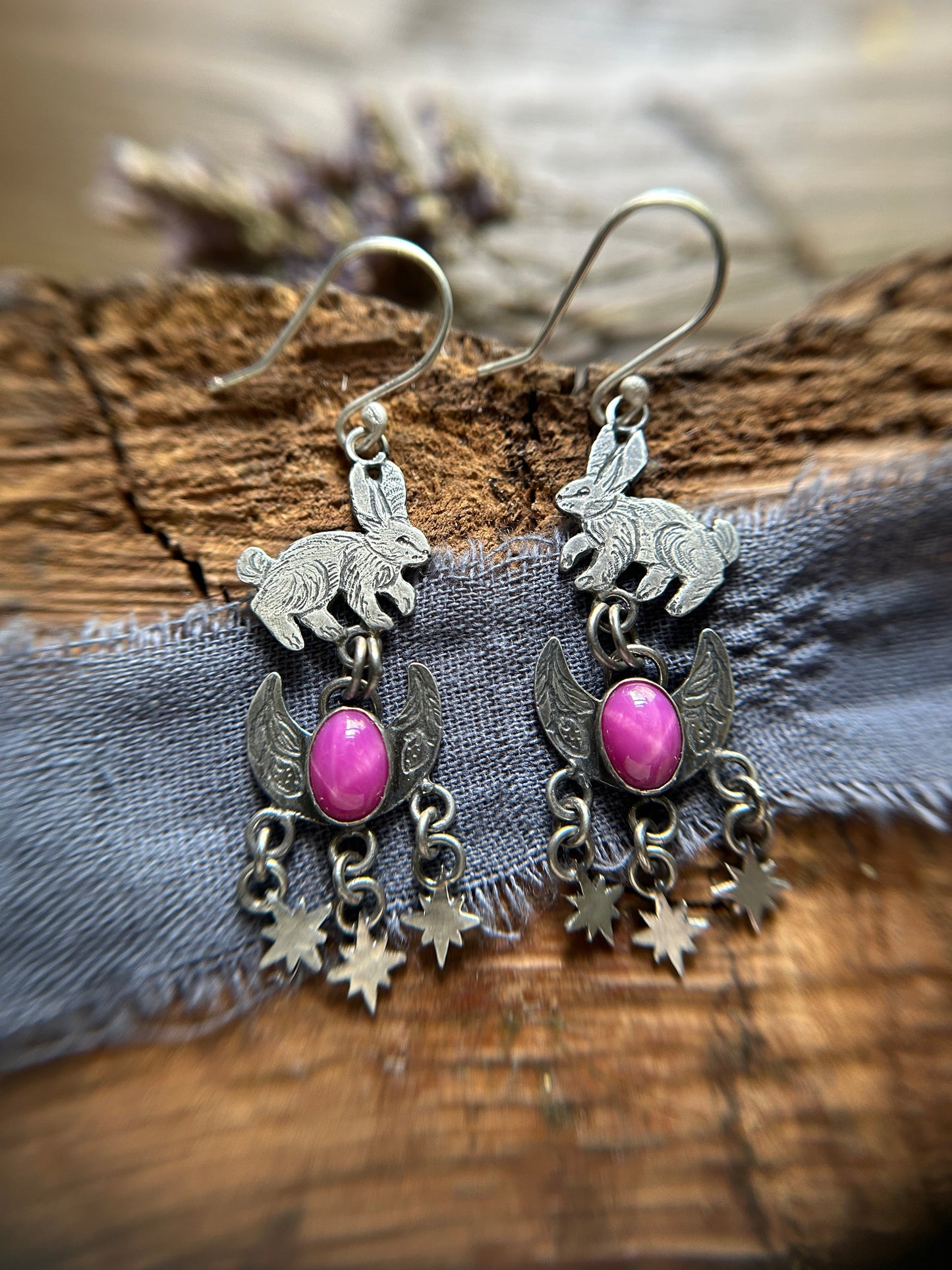 Strawberry Moon Bunny Earrings- Star Ruby Sterling silver jewelry )