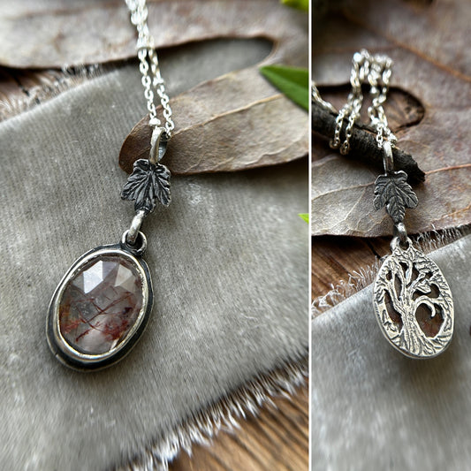 Red Rutilated Quartz Necklace with Maple Leaf & hidden tree detail- sterling silver jewelry