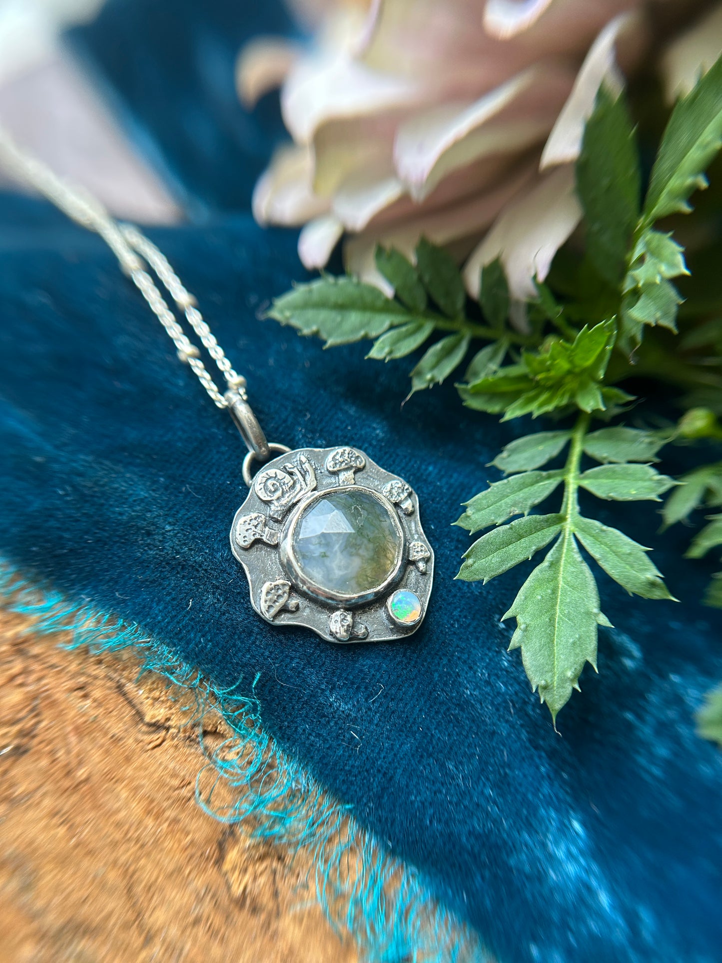 Fairy Ring Necklace with moss agate, opal, snail, and mushrooms- sterling silver jewelry