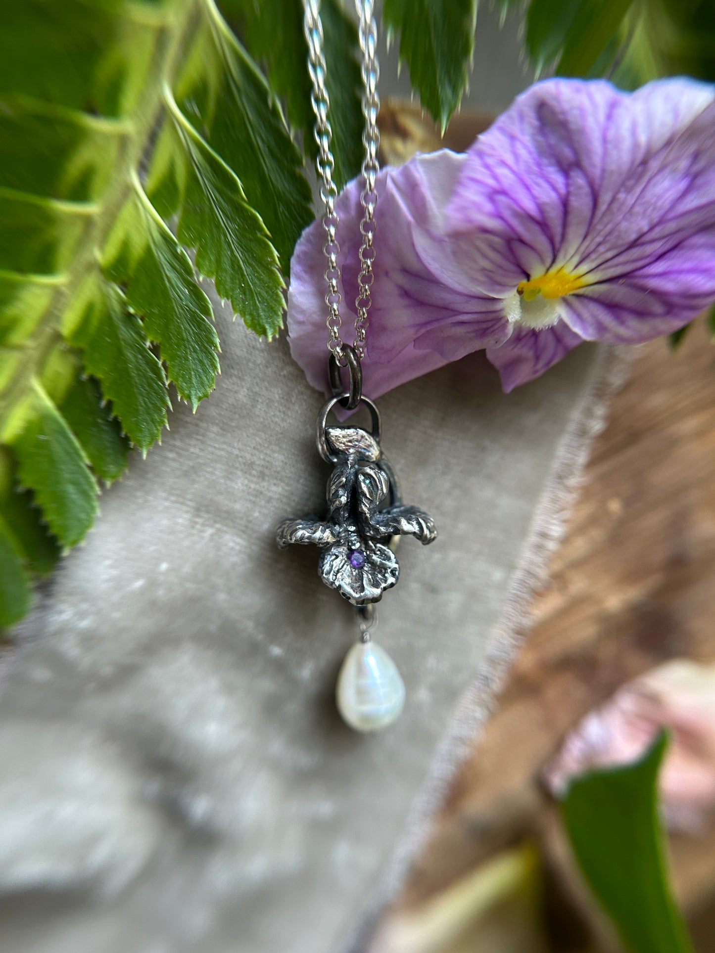Iris with amethyst and baroque pearl drop necklace- Sterling silver jewelry