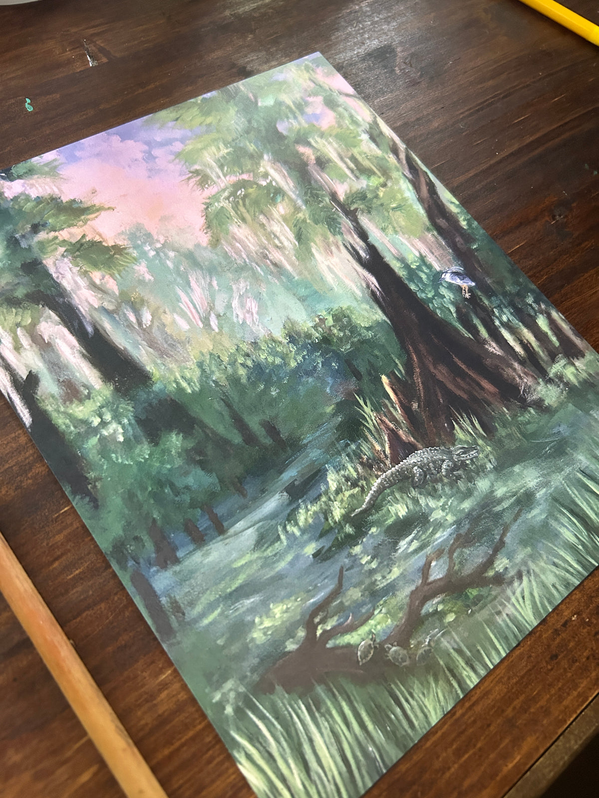 Art print- Twilight in the swamp with alligator, night heron, turtle Lowcountry painting- 8x10