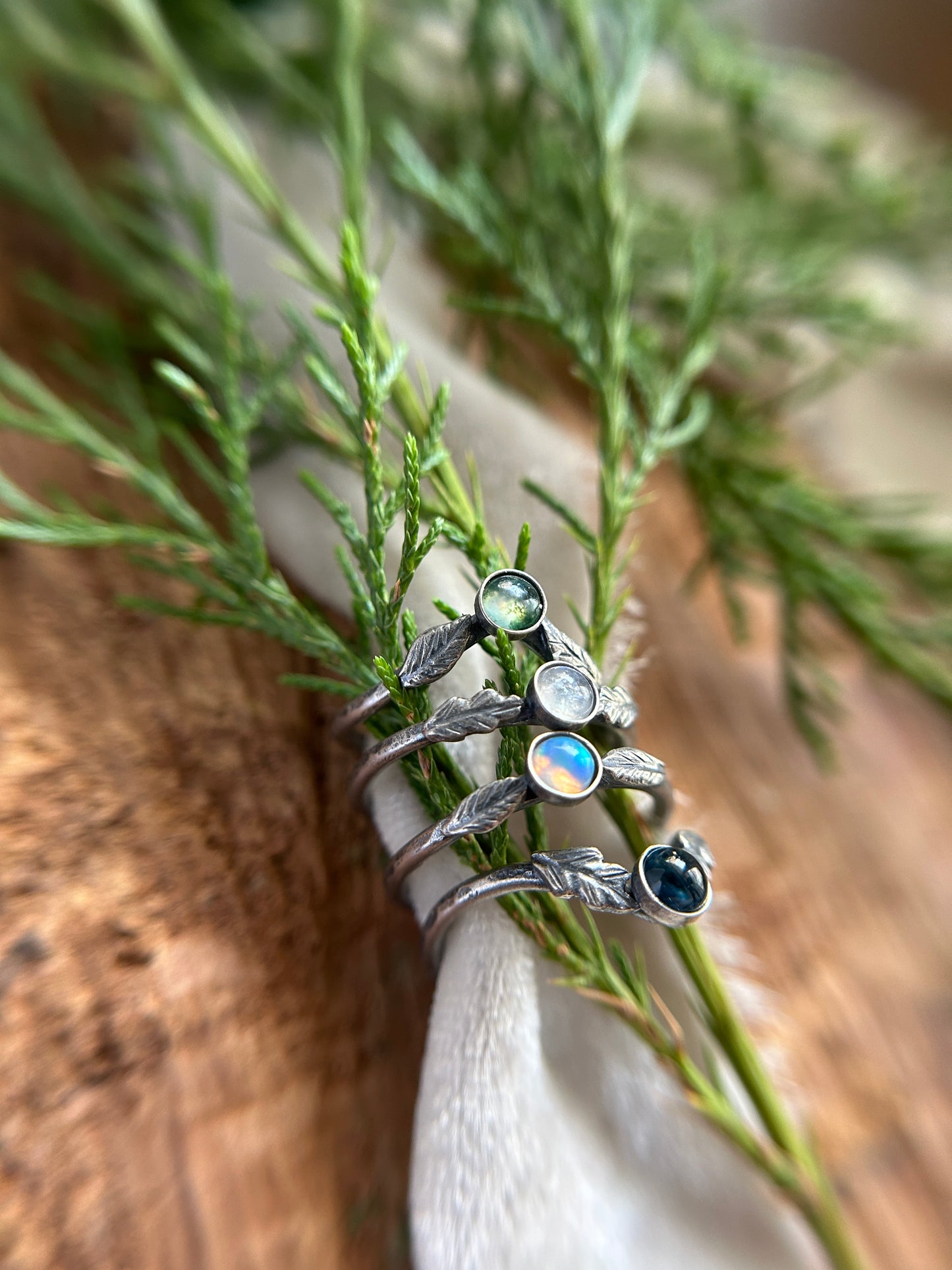 Winter woodland stacker rings- choice of gemstone, leaves, and ring size