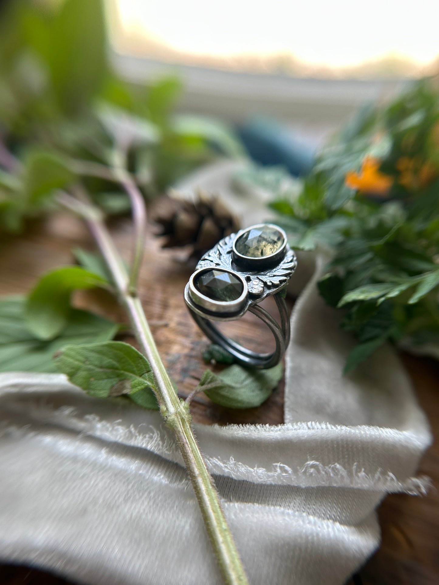 Eastern Hemlock Branches with Prehnite and Peridot ludwigite Ring- sterling silver jewelry
