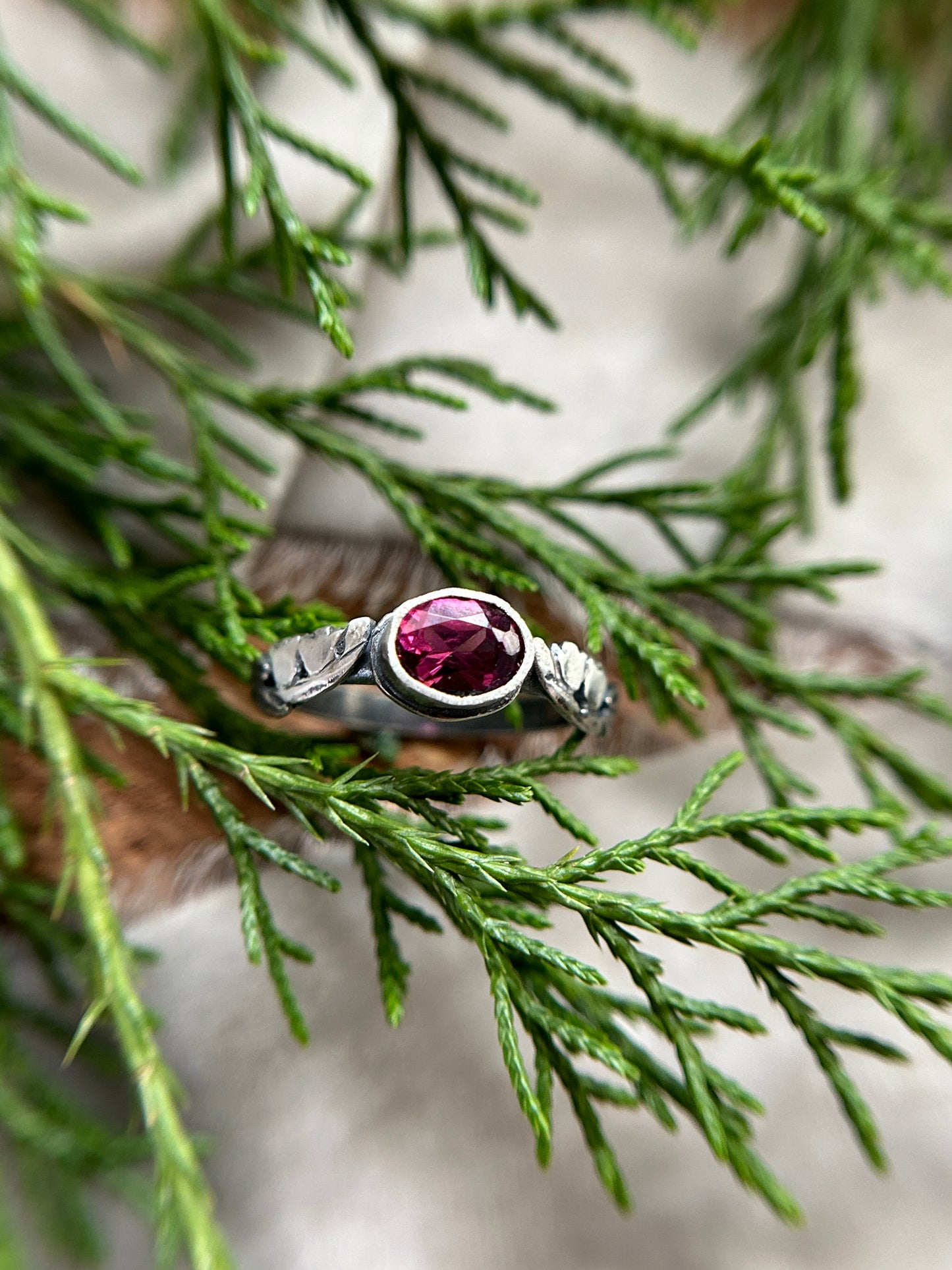 Ready to ship Lily of the valley ring- choice of green tourmaline or rhodolite garnet- sterling silver