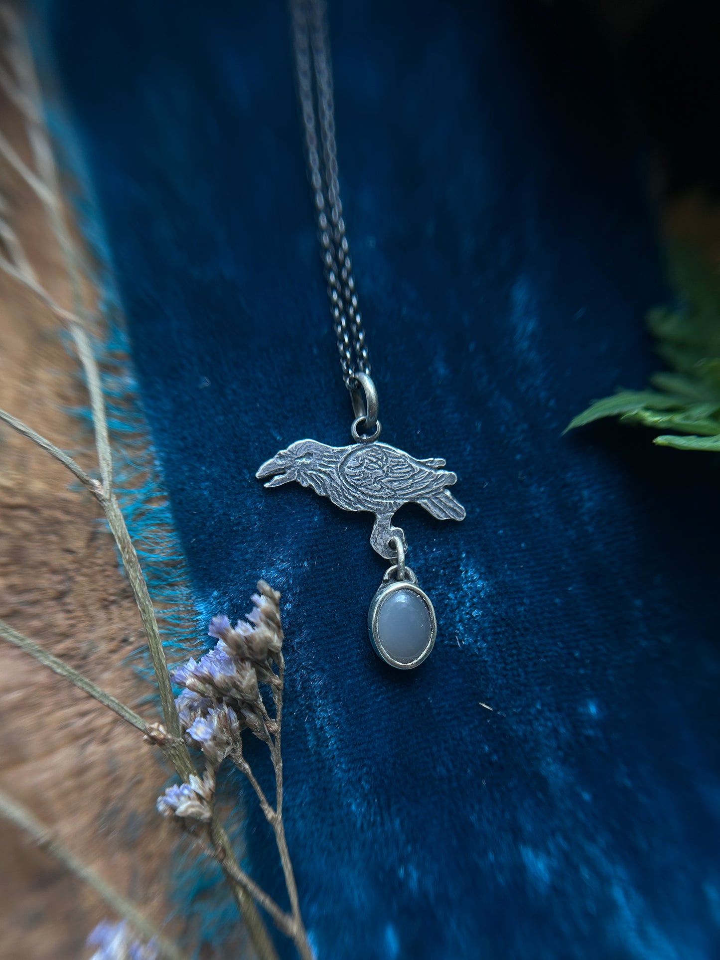 Raven with Grey Moonstone Necklace- Sterling silver jewelry