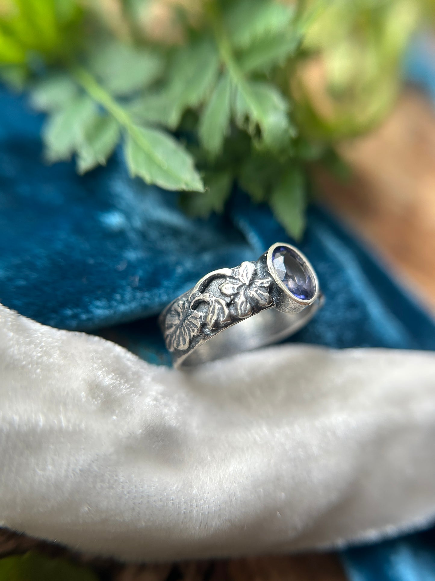 Woods Violet and Iolite wide hammered band ring- sterling silver jewelry
