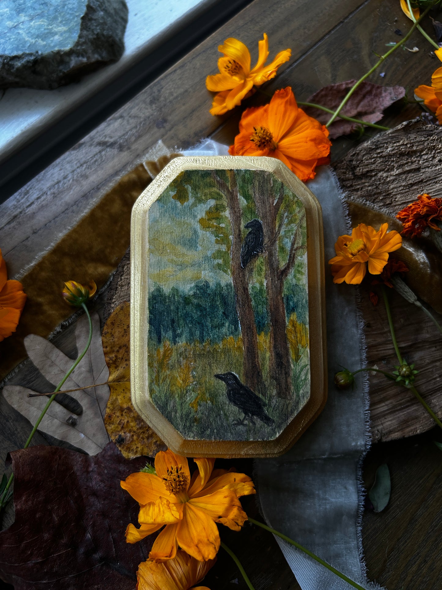 Original miniature watercolor painting on wood- ready to display art- deer fawn, barred owls, crows, autumn forest, goldenrod, blackberry bramble